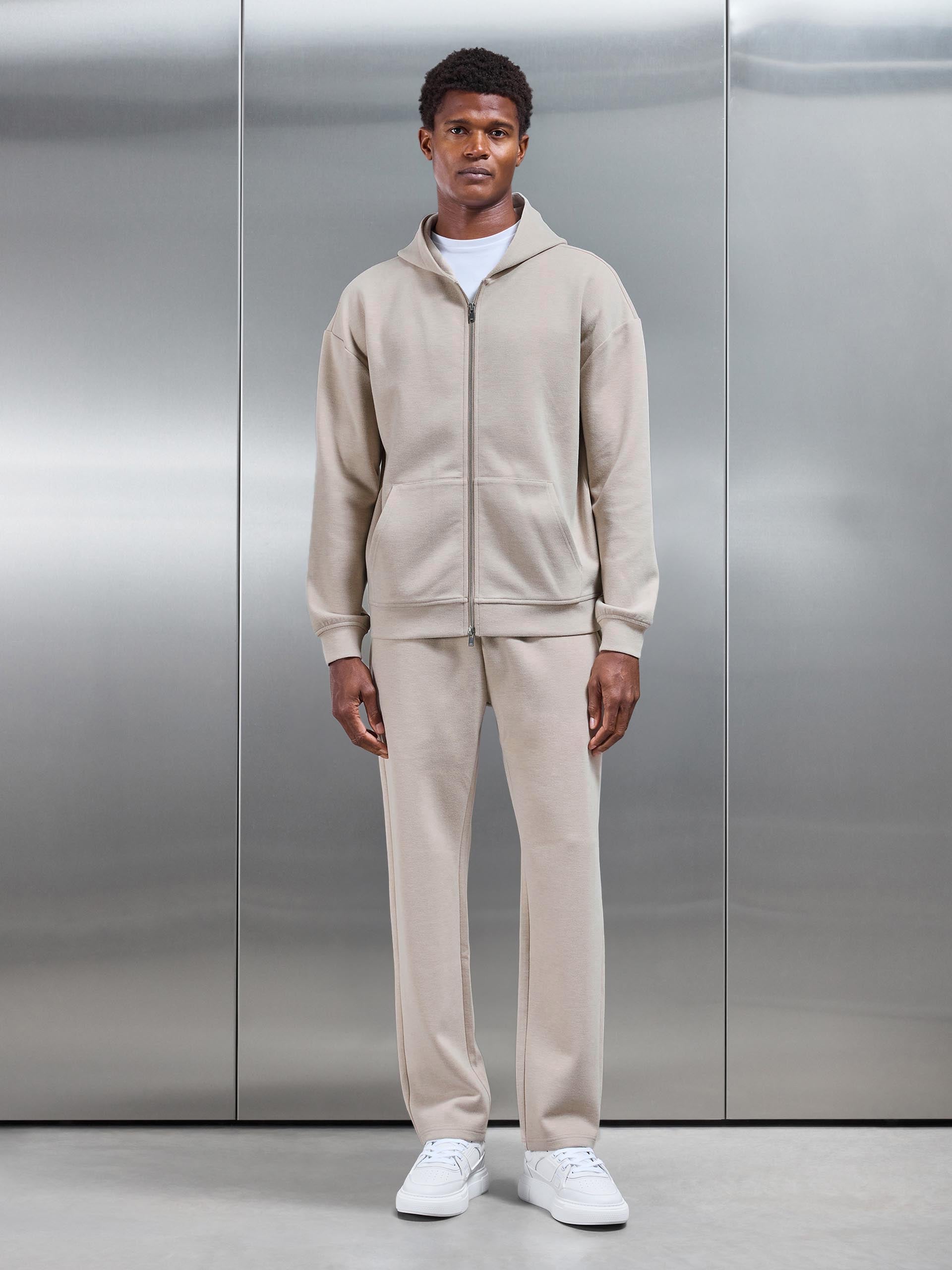 Relaxed Fit Knitted Zip Through Hoodie in Beige