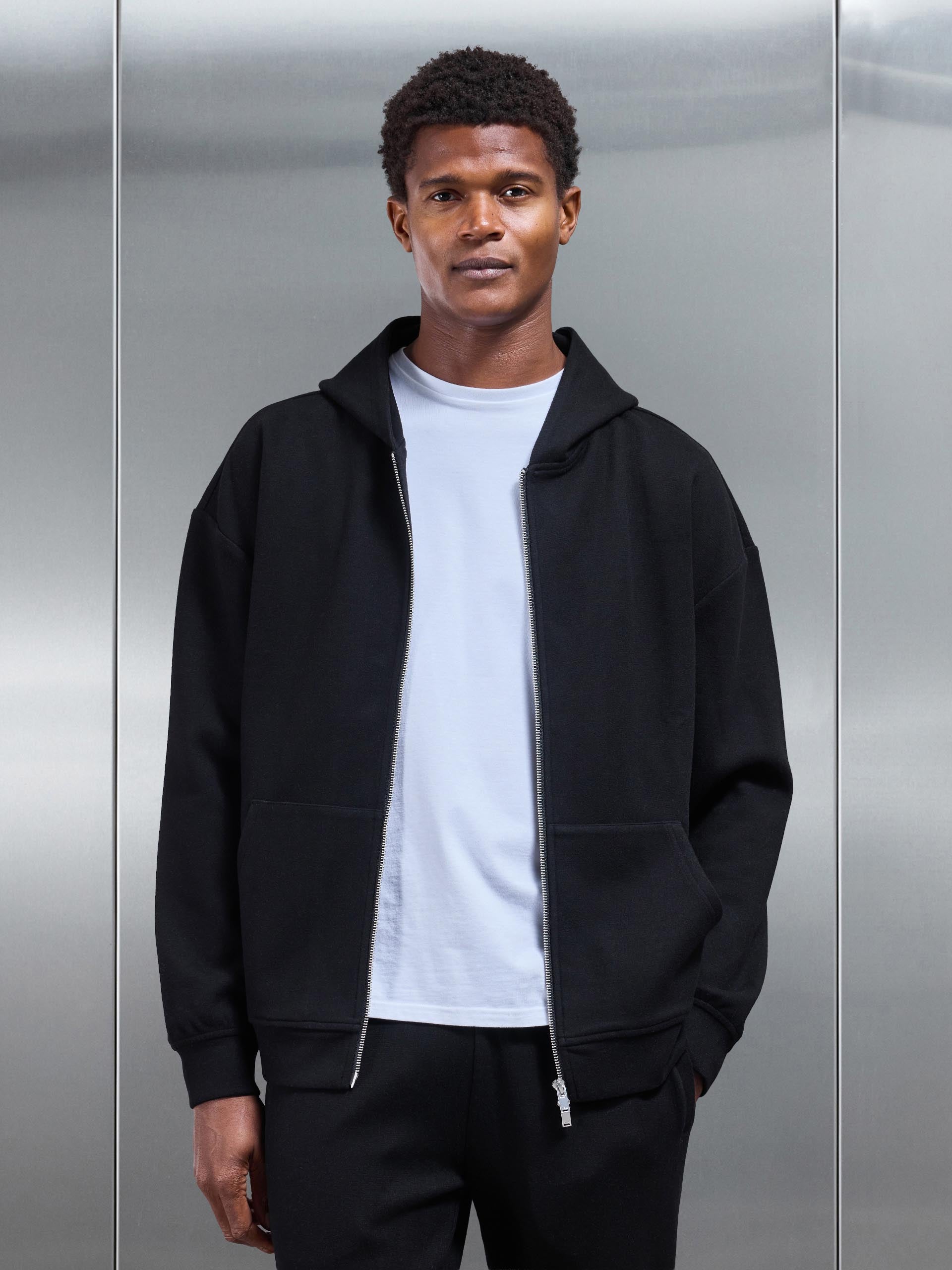 Relaxed Fit Knitted Zip Through Hoodie in Black