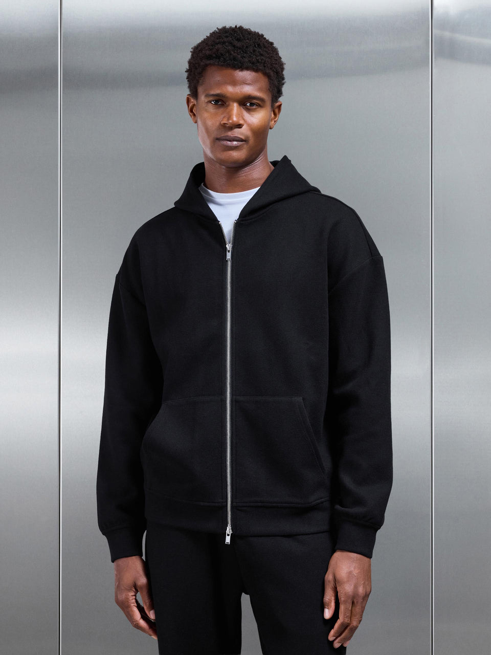 Relaxed Fit Knitted Zip Through Hoodie in Black