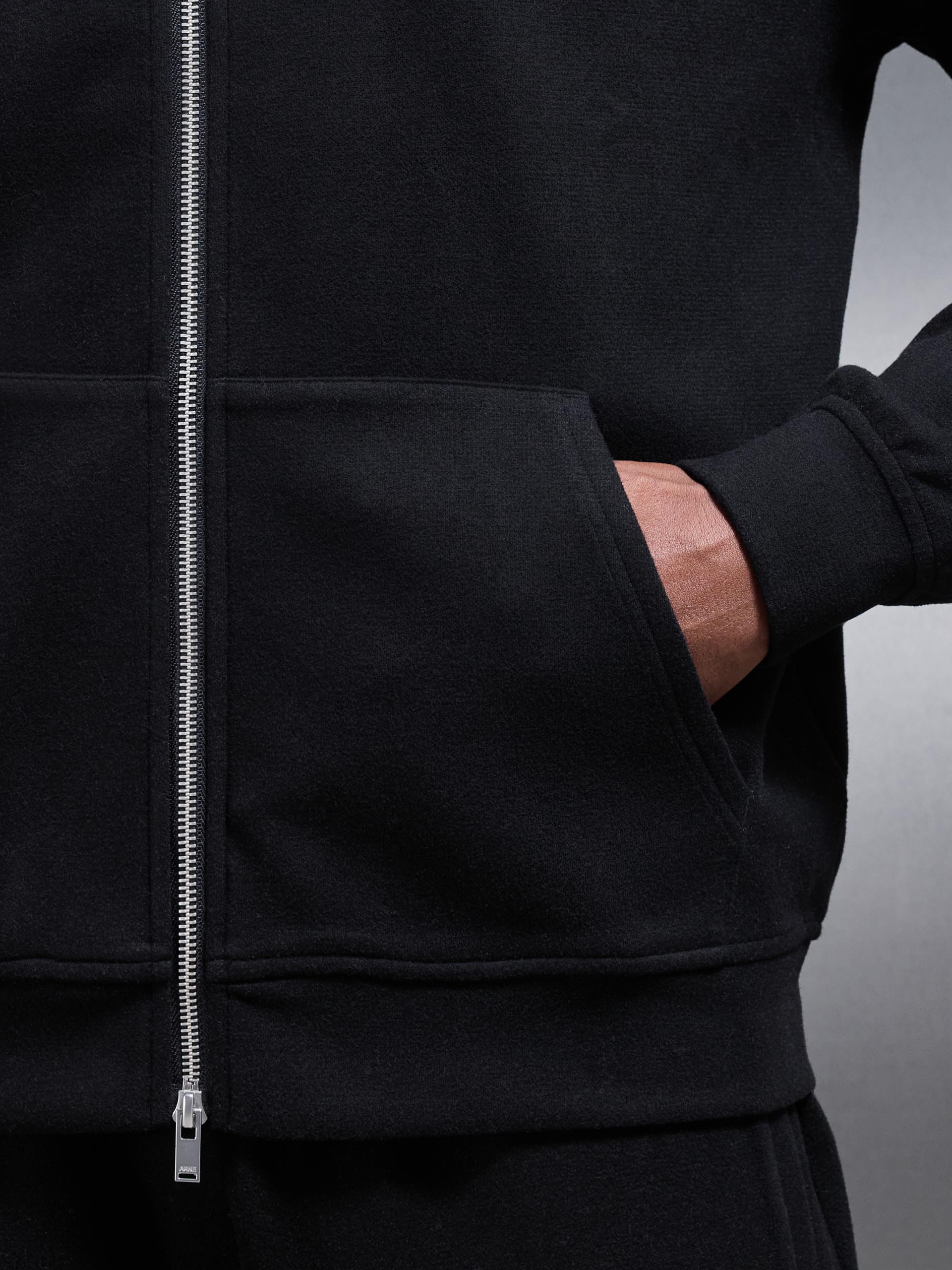 Relaxed Fit Knitted Zip Through Hoodie in Black
