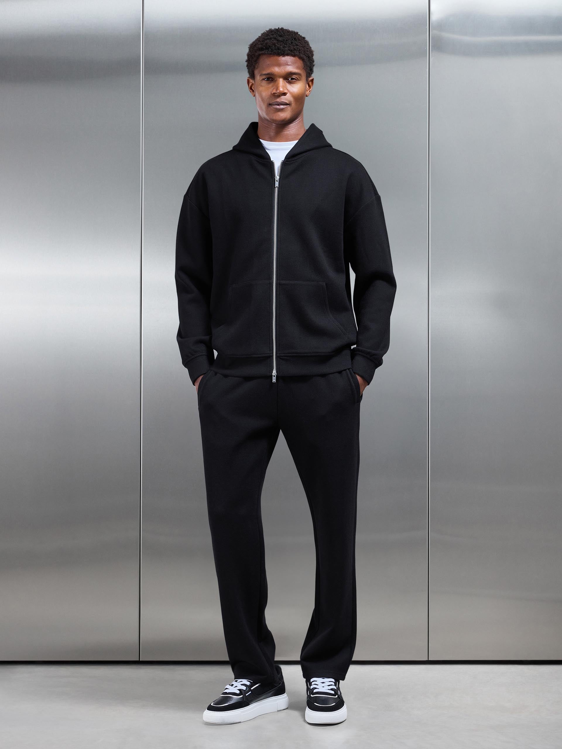 Relaxed Fit Knitted Zip Through Hoodie in Black