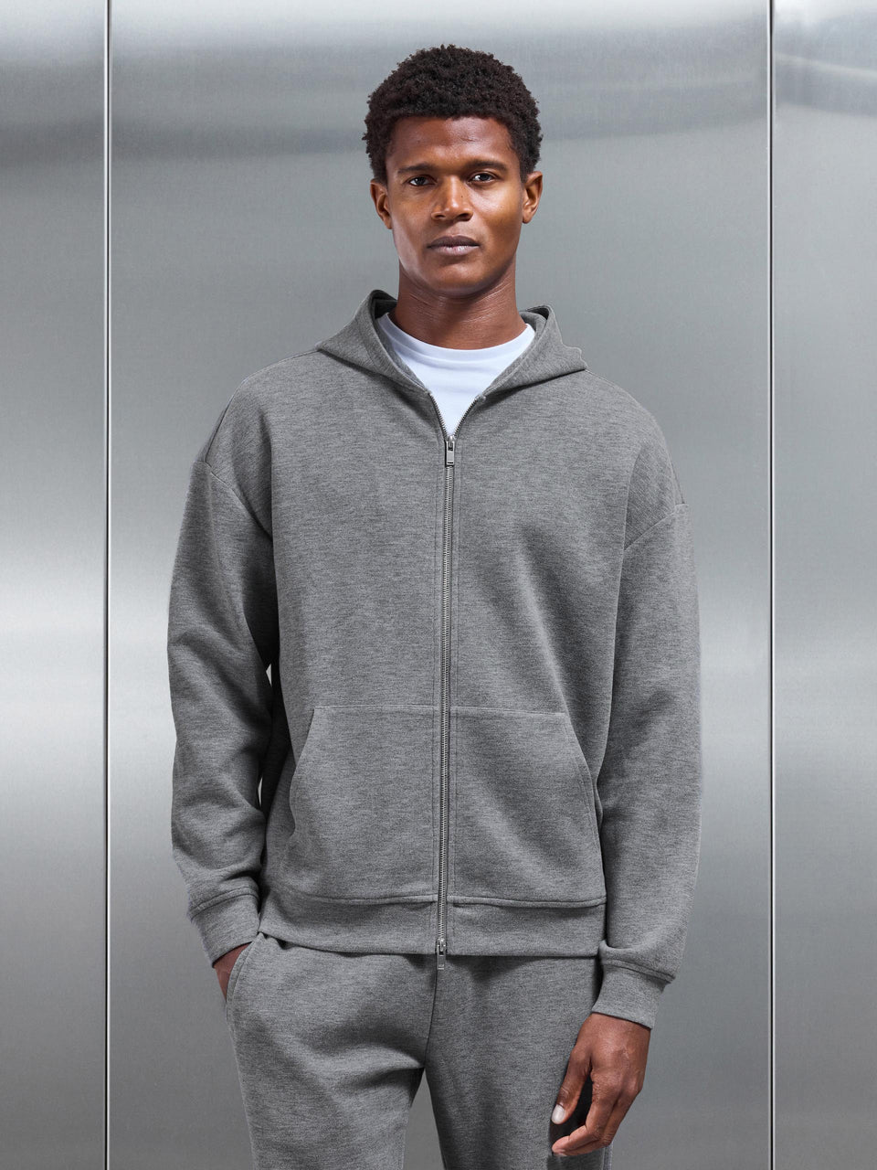Relaxed Fit Knitted Zip Through Hoodie in Charcoal Marl