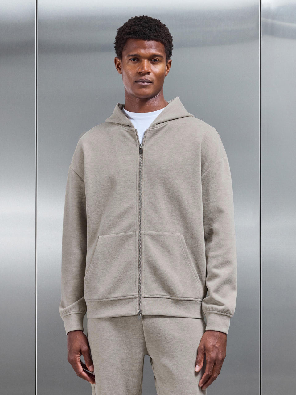 Relaxed Fit Knitted Zip Through Hoodie in Stone
