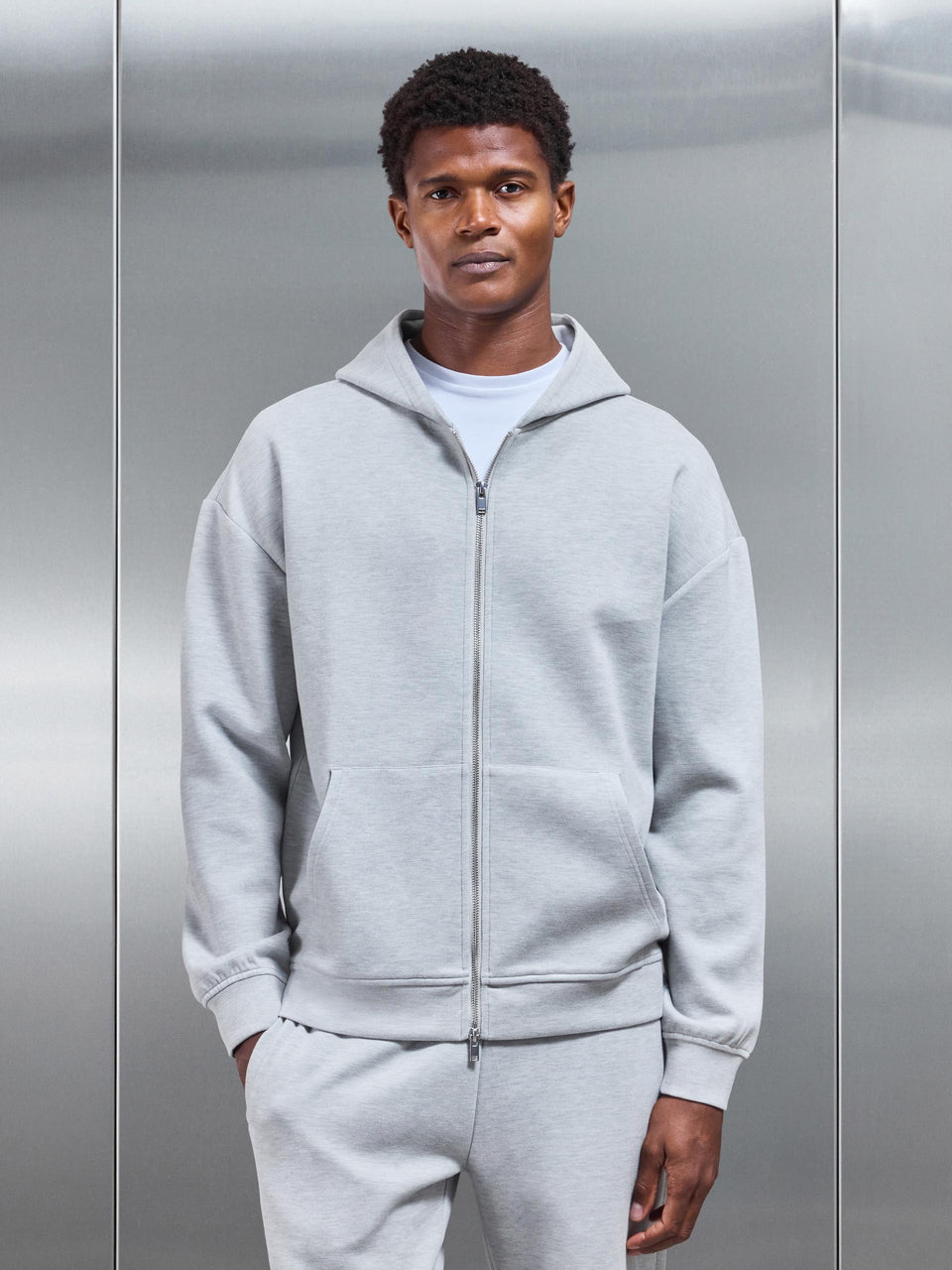 Relaxed Fit Knitted Zip Through Hoodie in Marl Grey