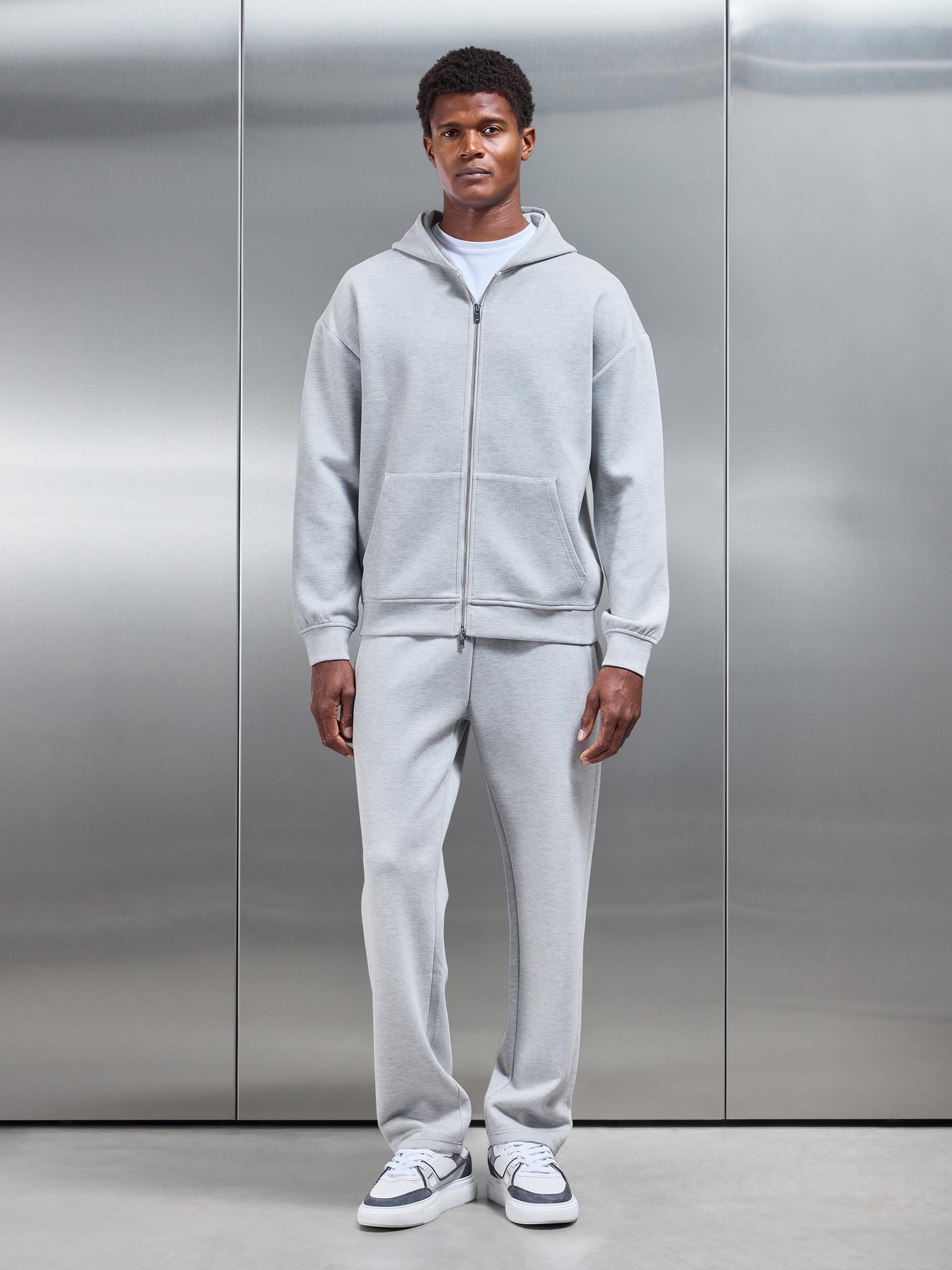 Relaxed Fit Knitted Zip Through Hoodie in Marl Grey