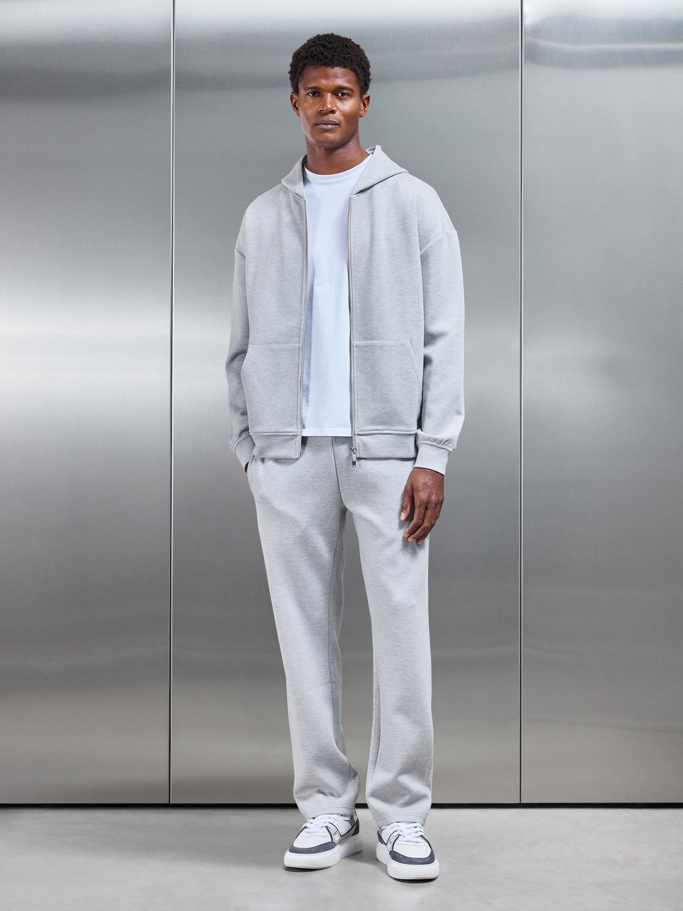 Relaxed Fit Knitted Zip Through Hoodie in Marl Grey