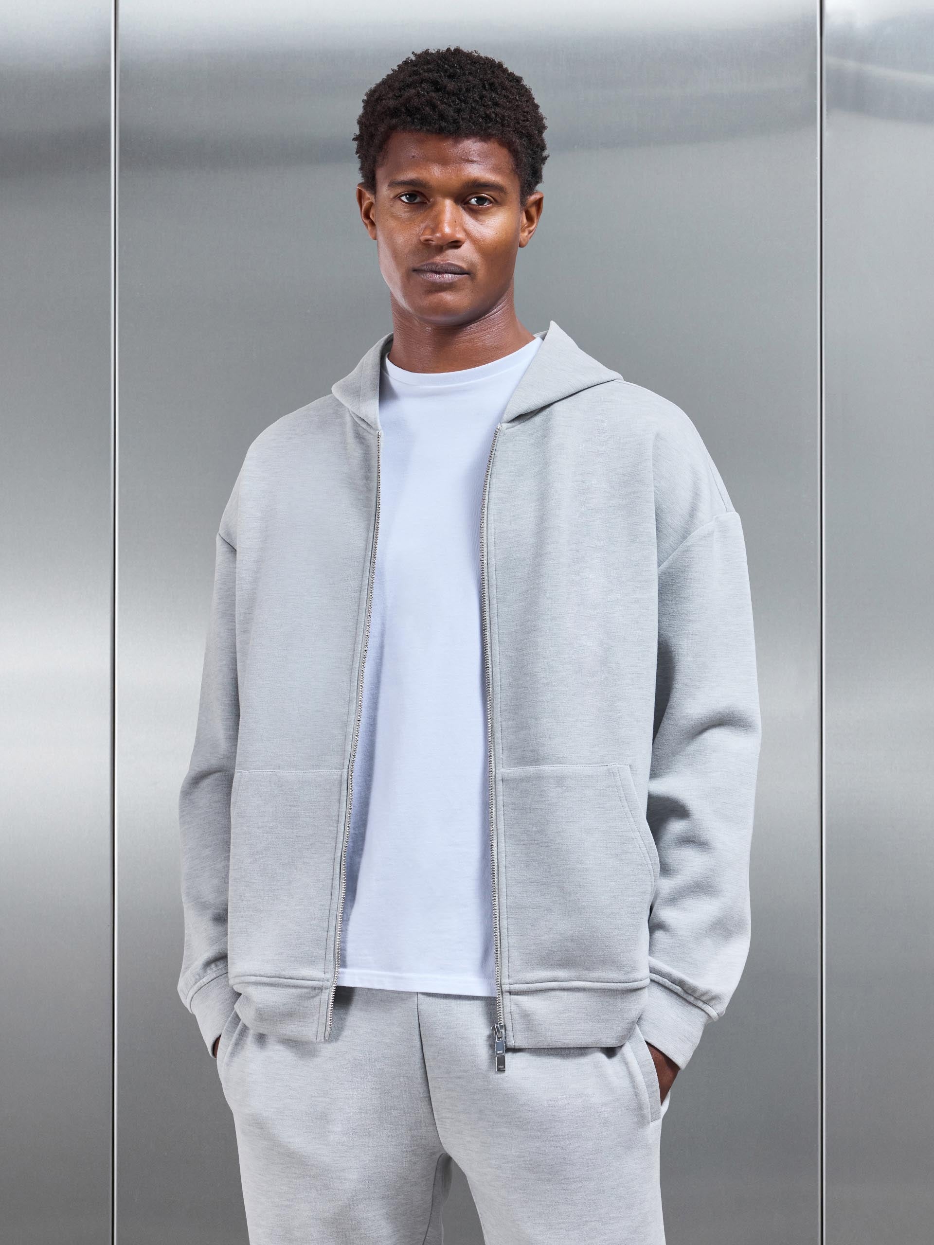 Relaxed Fit Knitted Zip Through Hoodie in Marl Grey