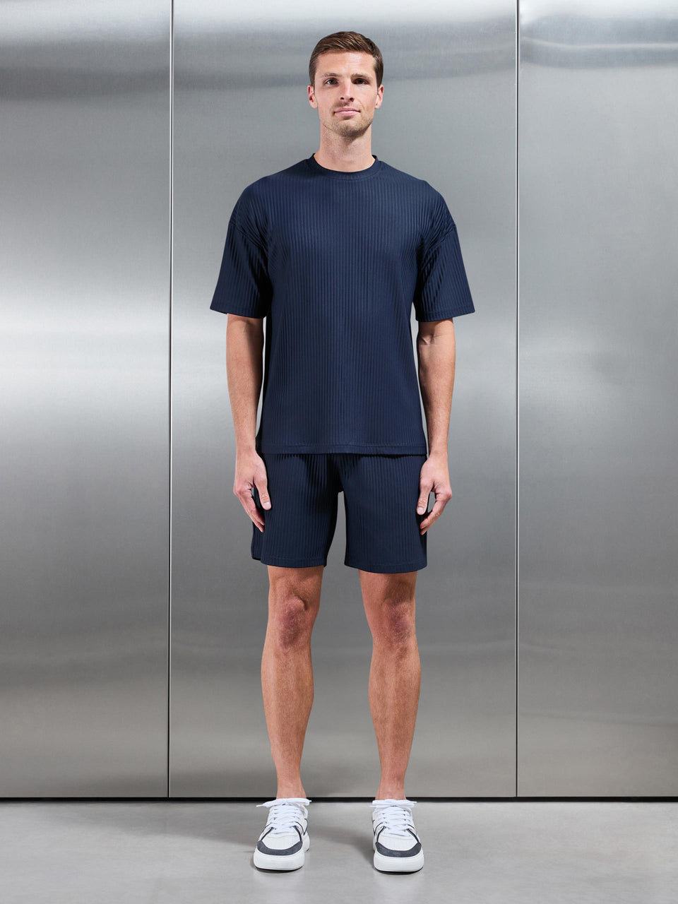 Relaxed Fit Pleated T-Shirt in Navy