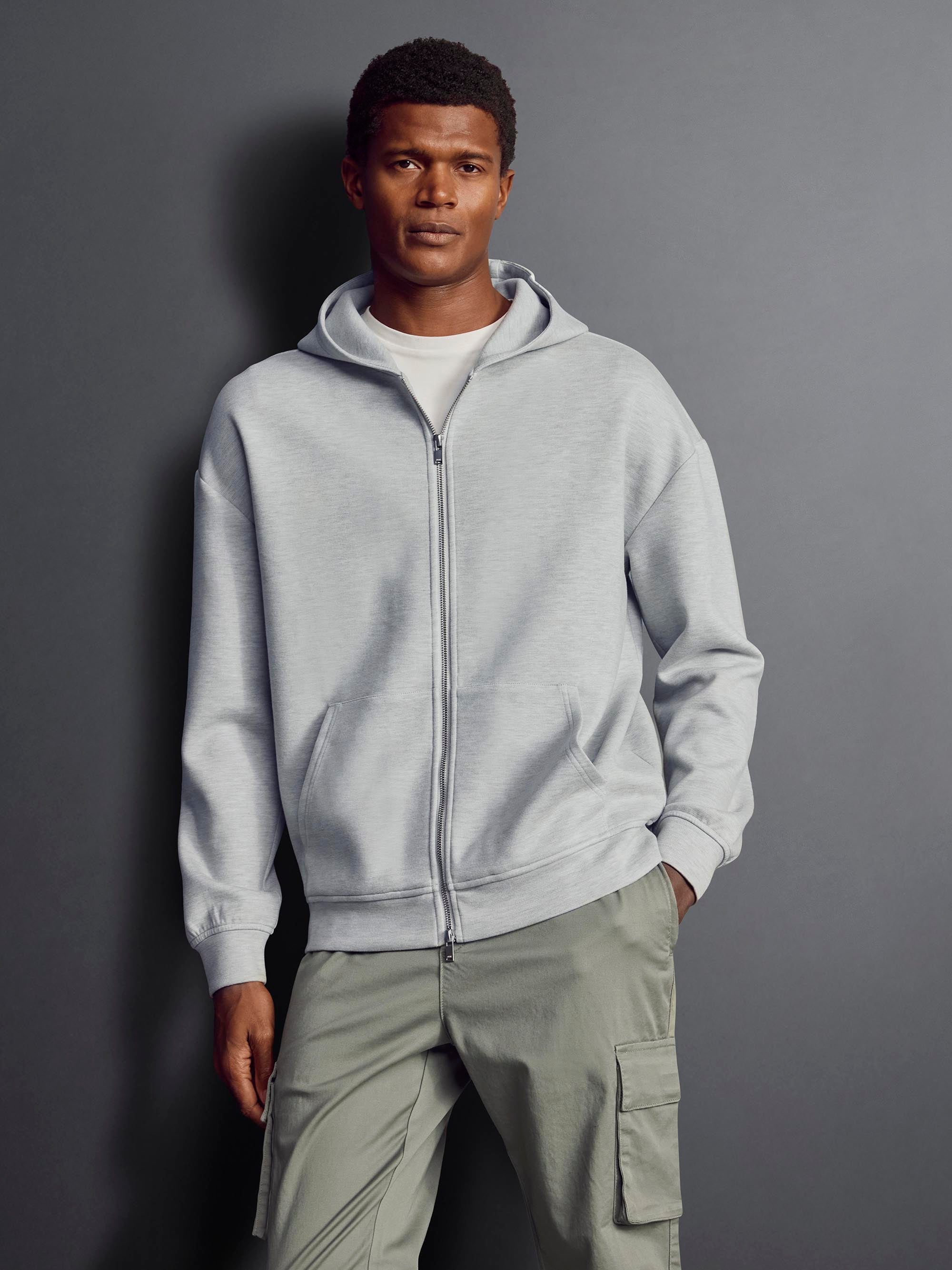 Relaxed Fit Knitted Zip Through Hoodie in Marl Grey