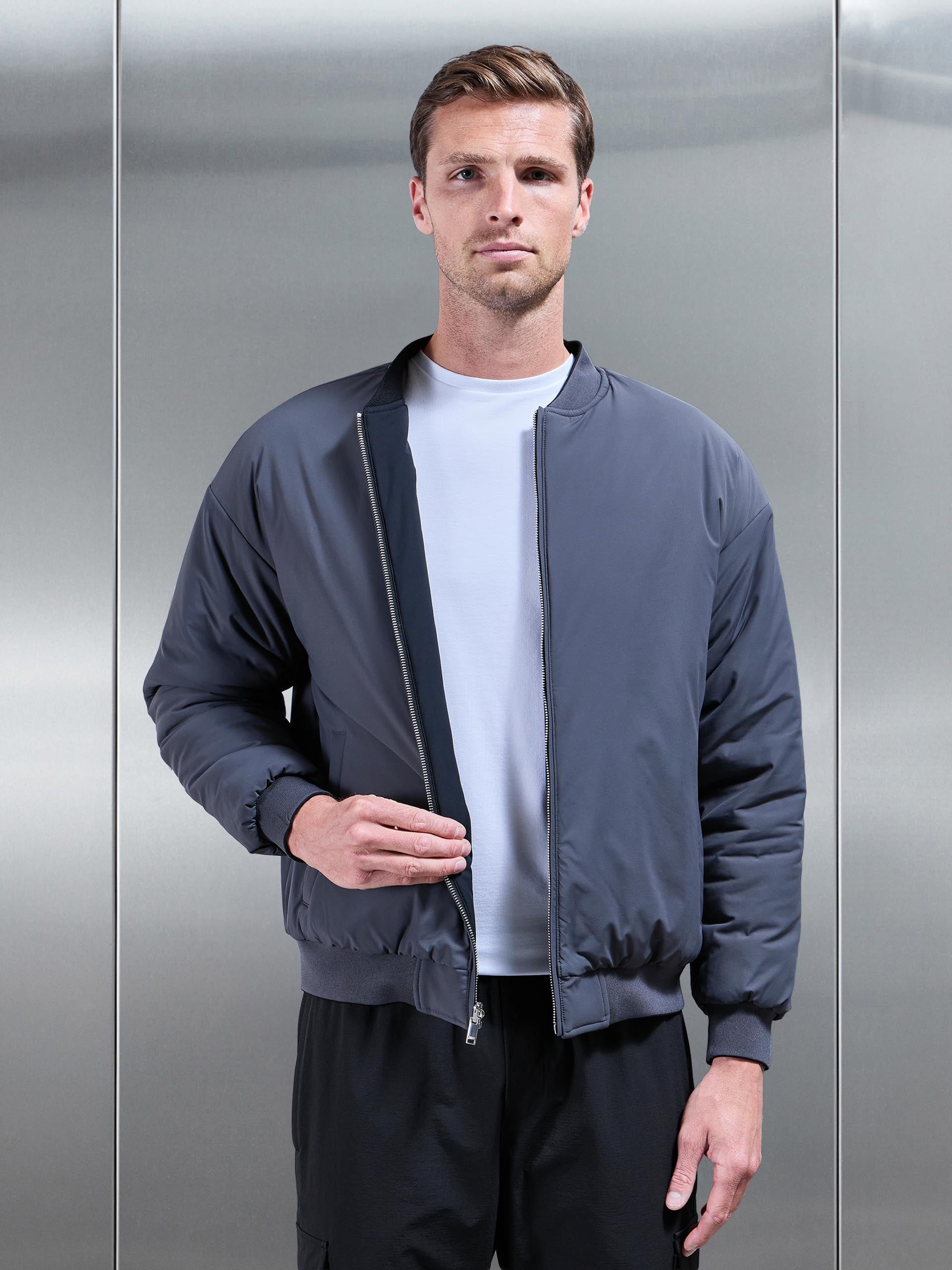 Relaxed Padded Reversible Bomber Jacket in Black Grey