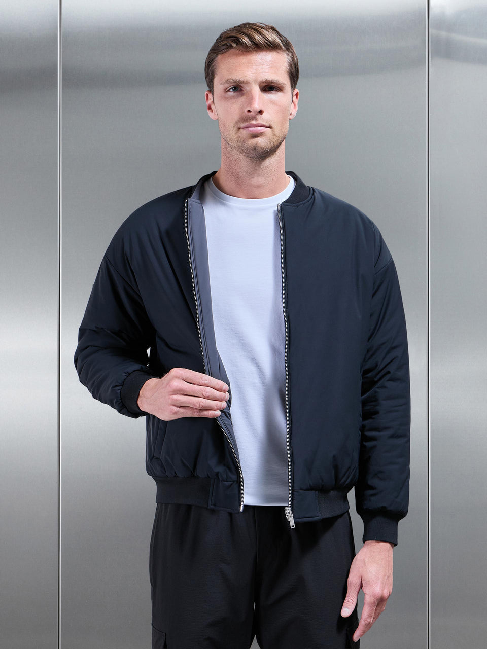 Relaxed Padded Reversible Bomber Jacket in Black Grey