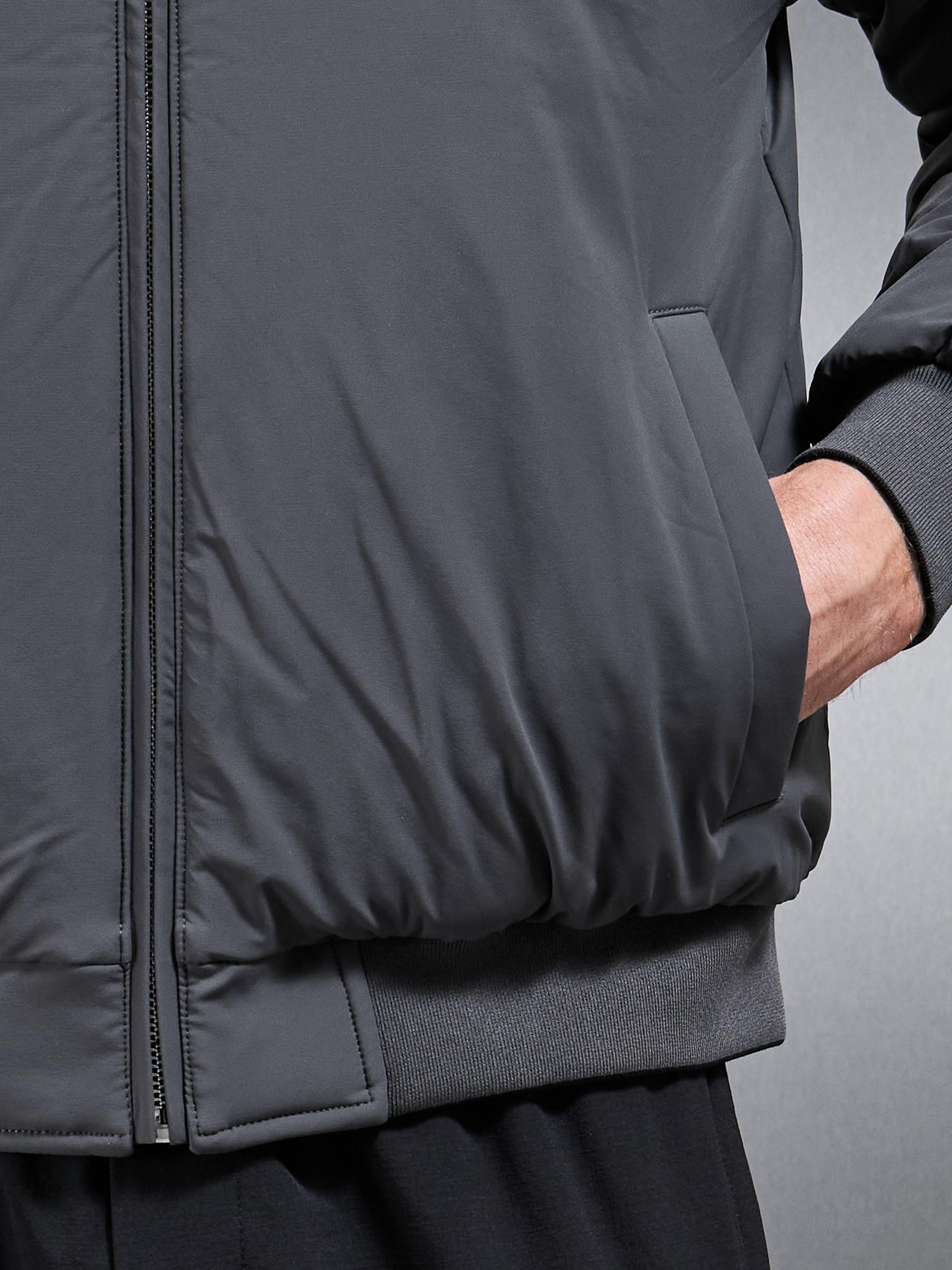 Relaxed Padded Reversible Bomber Jacket in Black Grey