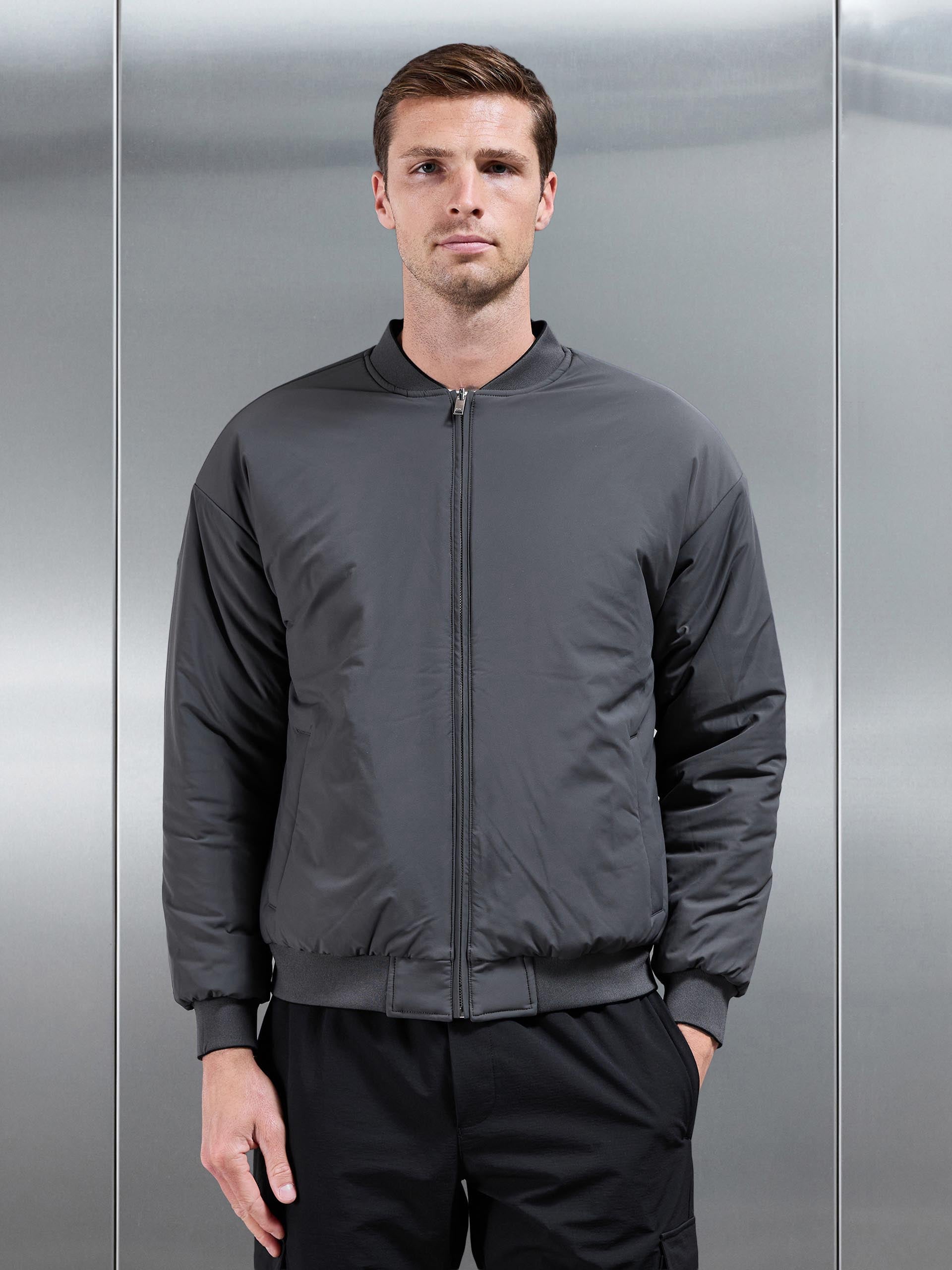 Relaxed Padded Reversible Bomber Jacket in Black Grey