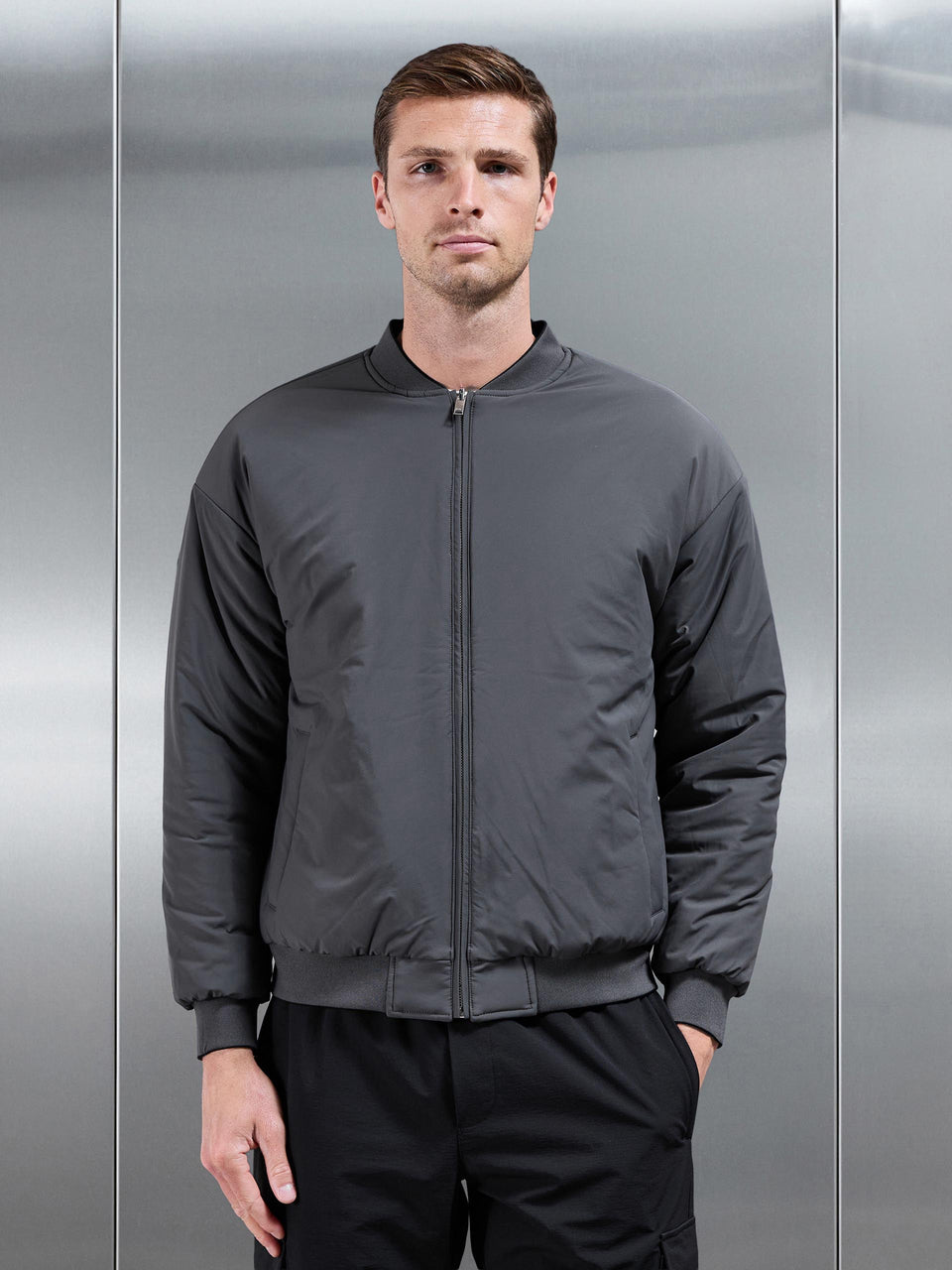 Relaxed Padded Reversible Bomber Jacket in Black Grey