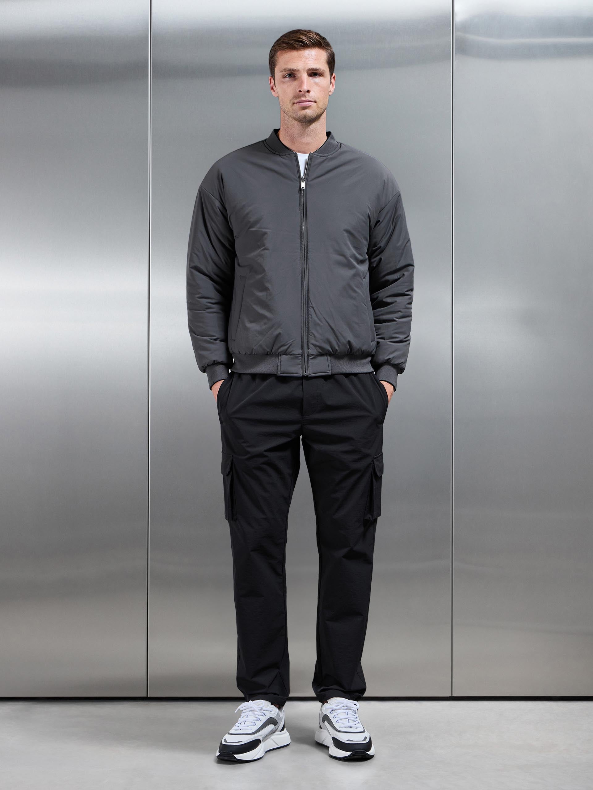 Relaxed Padded Reversible Bomber Jacket in Black Grey