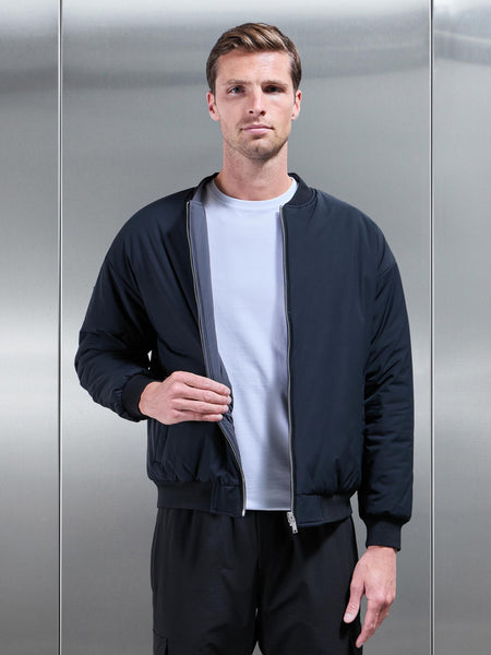 Relaxed Padded Reversible Bomber Jacket in Black Grey
