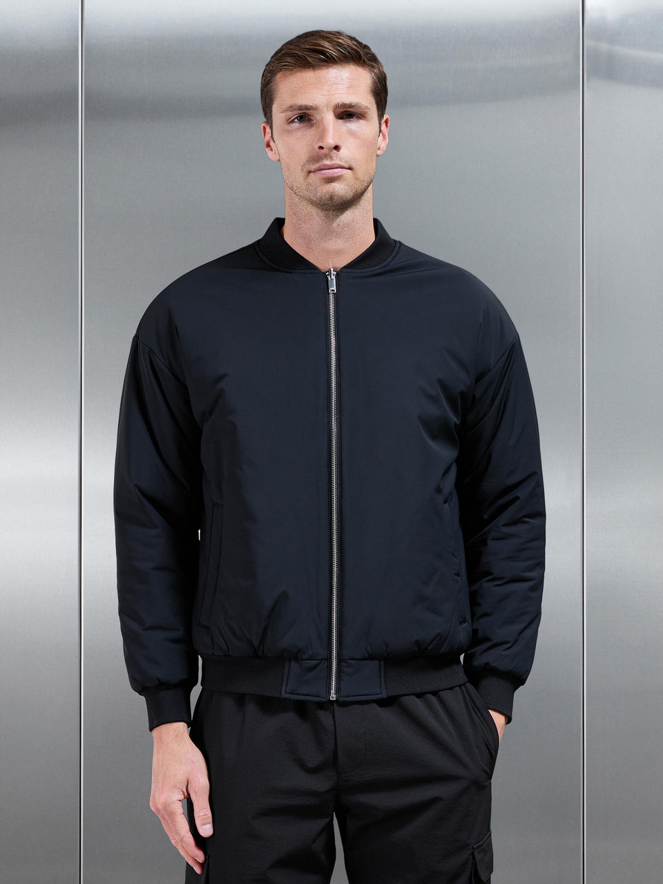 Relaxed Padded Reversible Bomber Jacket in Black Grey