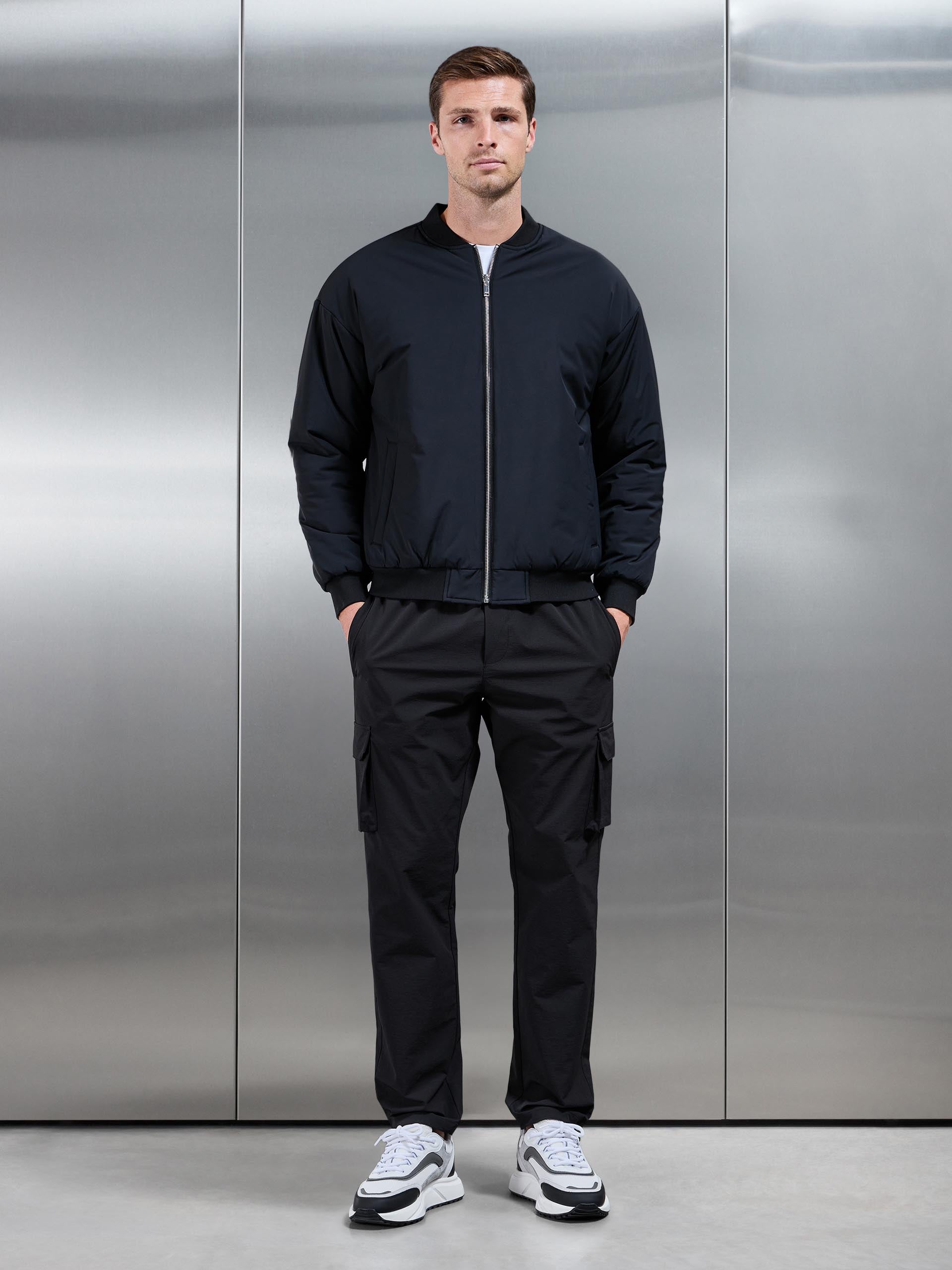 Relaxed Padded Reversible Bomber Jacket in Black Grey