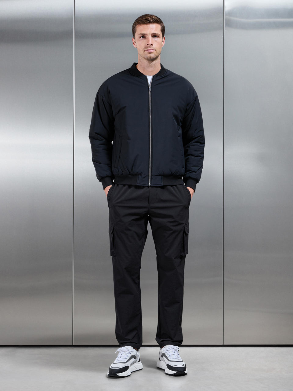 Relaxed Padded Reversible Bomber Jacket in Black Grey