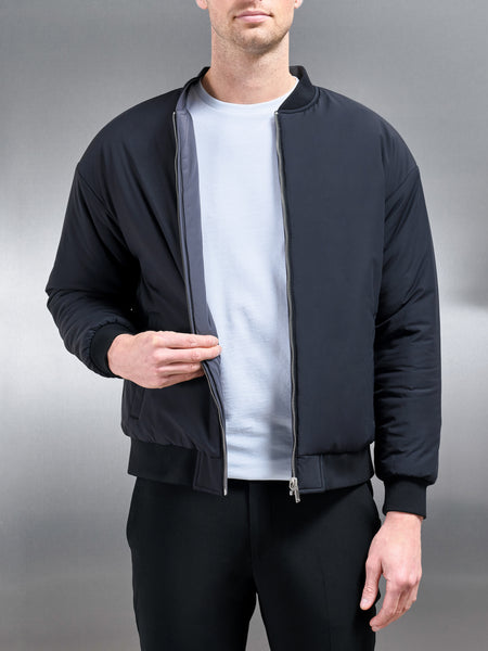 Relaxed Padded Reversible Bomber Jacket in Black Grey