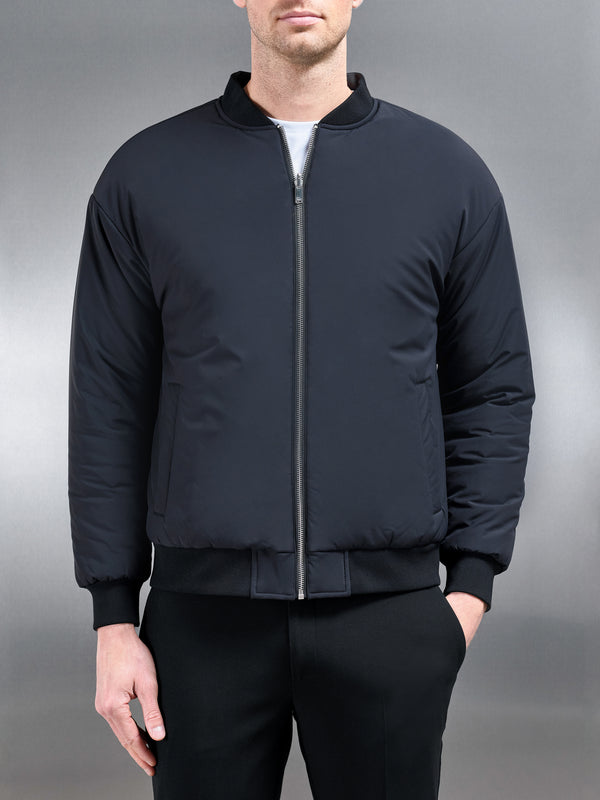 Relaxed Padded Reversible Bomber Jacket in Black Grey