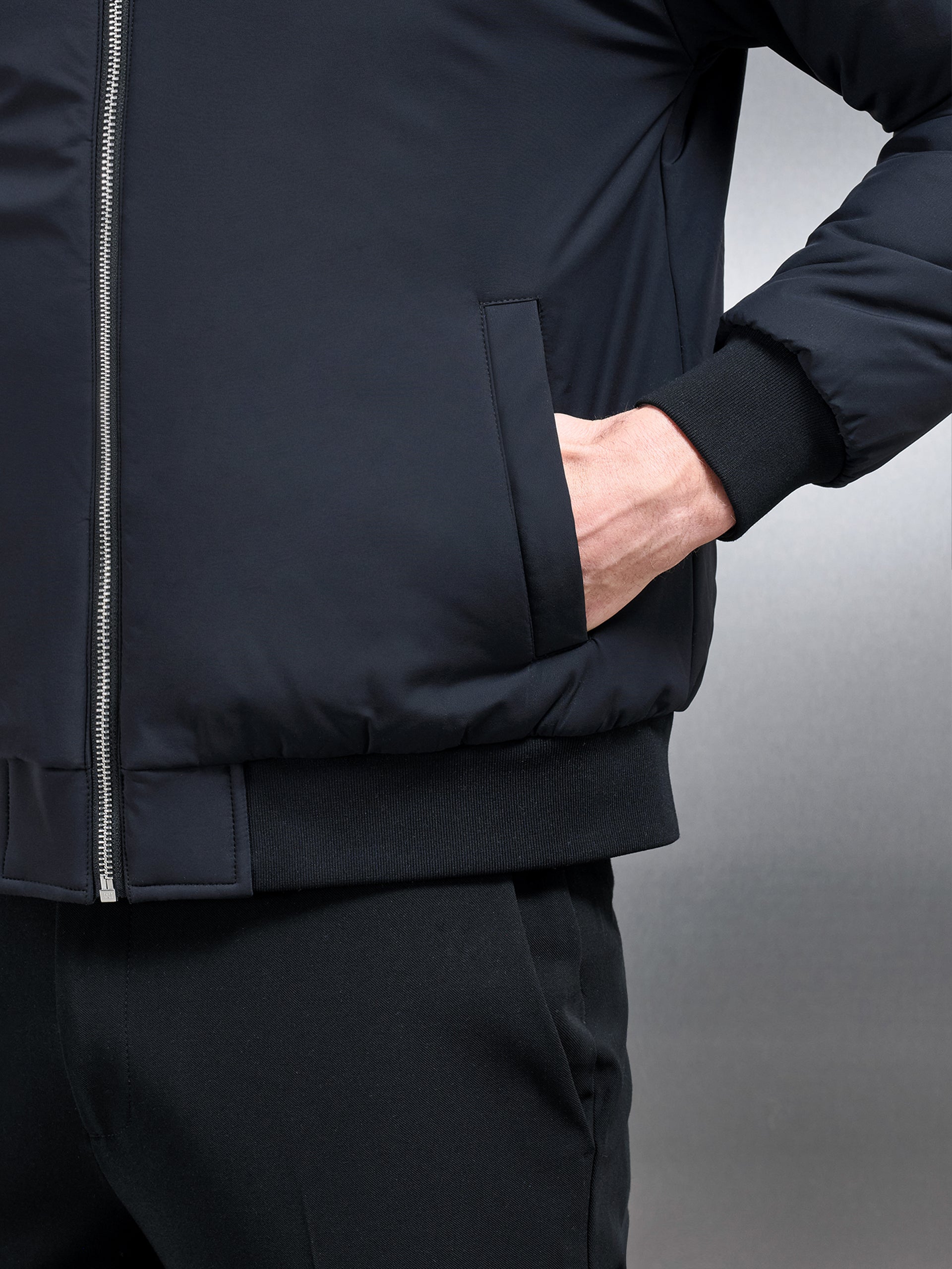 Relaxed Padded Reversible Bomber Jacket in Black Grey