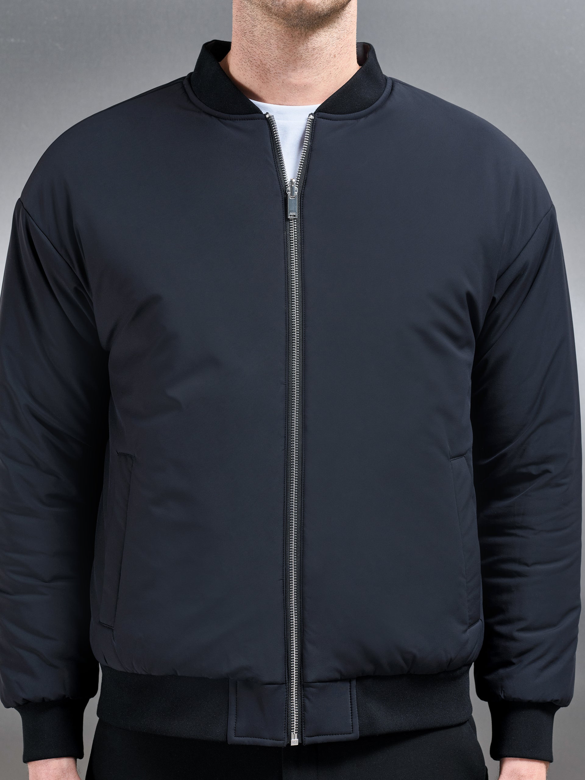 Relaxed Padded Reversible Bomber Jacket in Black Grey