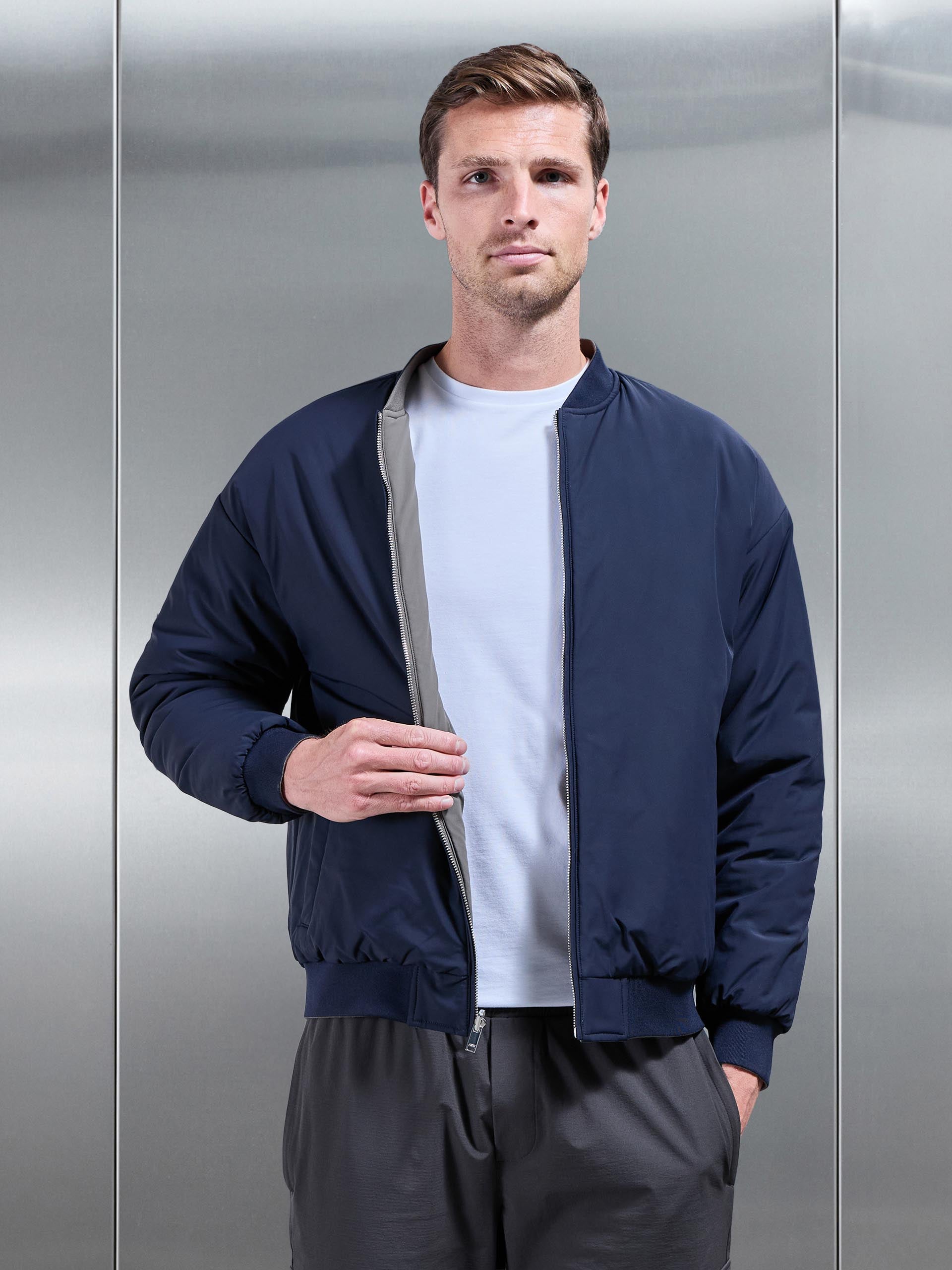 Relaxed Padded Reversible Bomber Jacket in Olive Navy