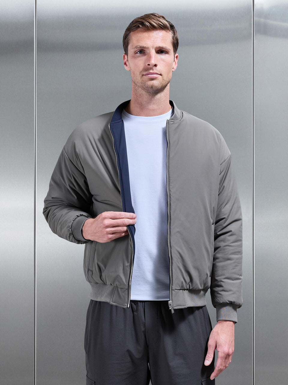 Relaxed Padded Reversible Bomber Jacket in Olive Navy