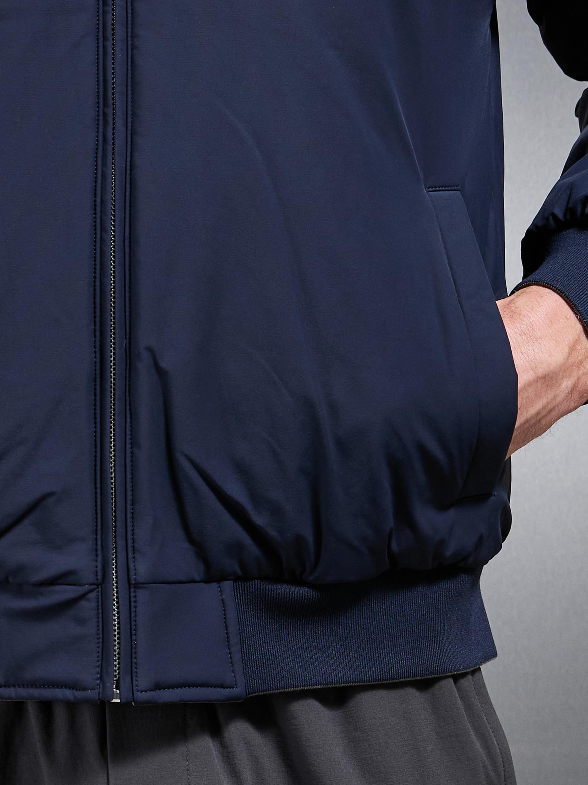 Relaxed Padded Reversible Bomber Jacket in Olive Navy