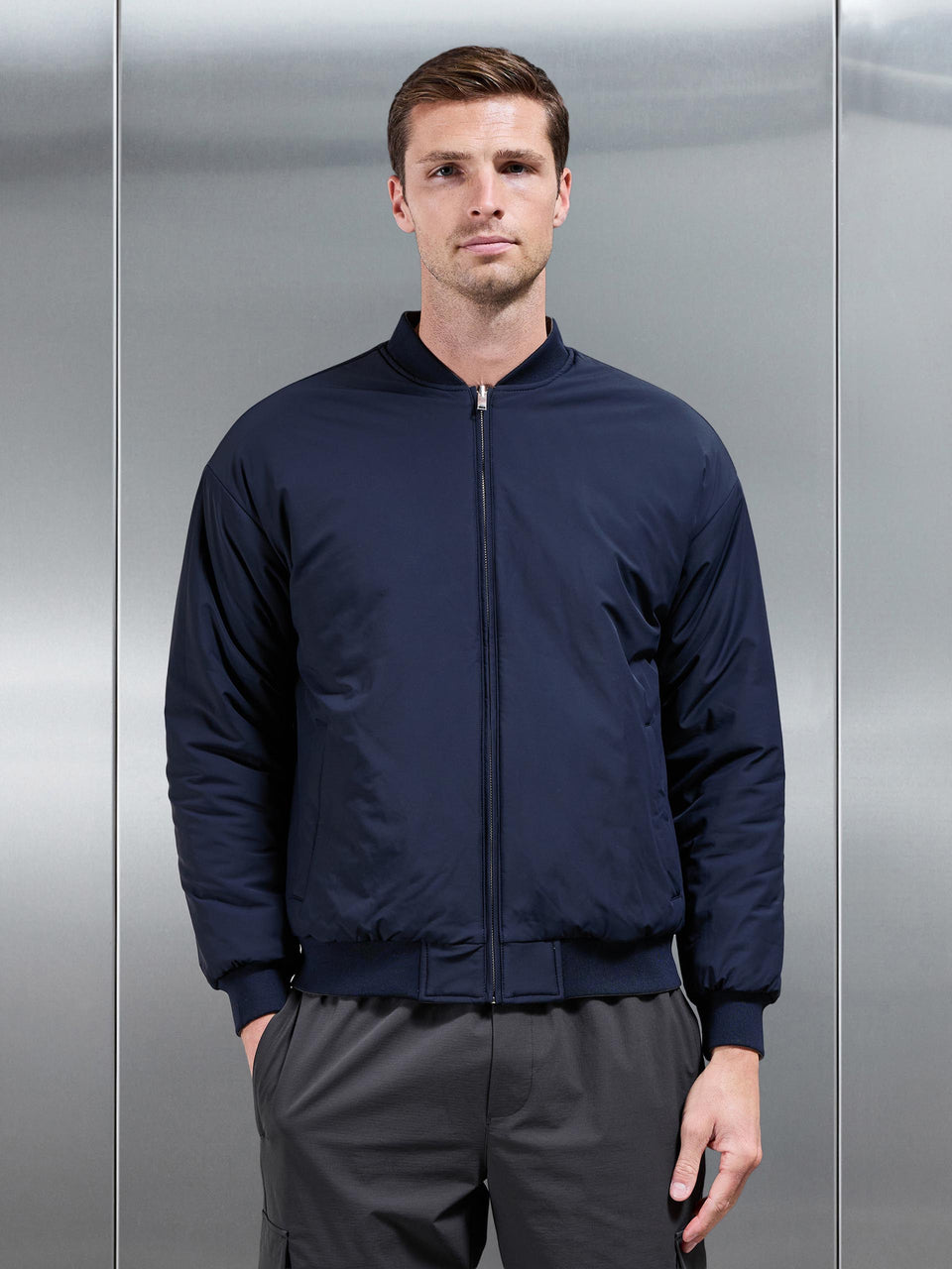 Relaxed Padded Reversible Bomber Jacket in Olive Navy