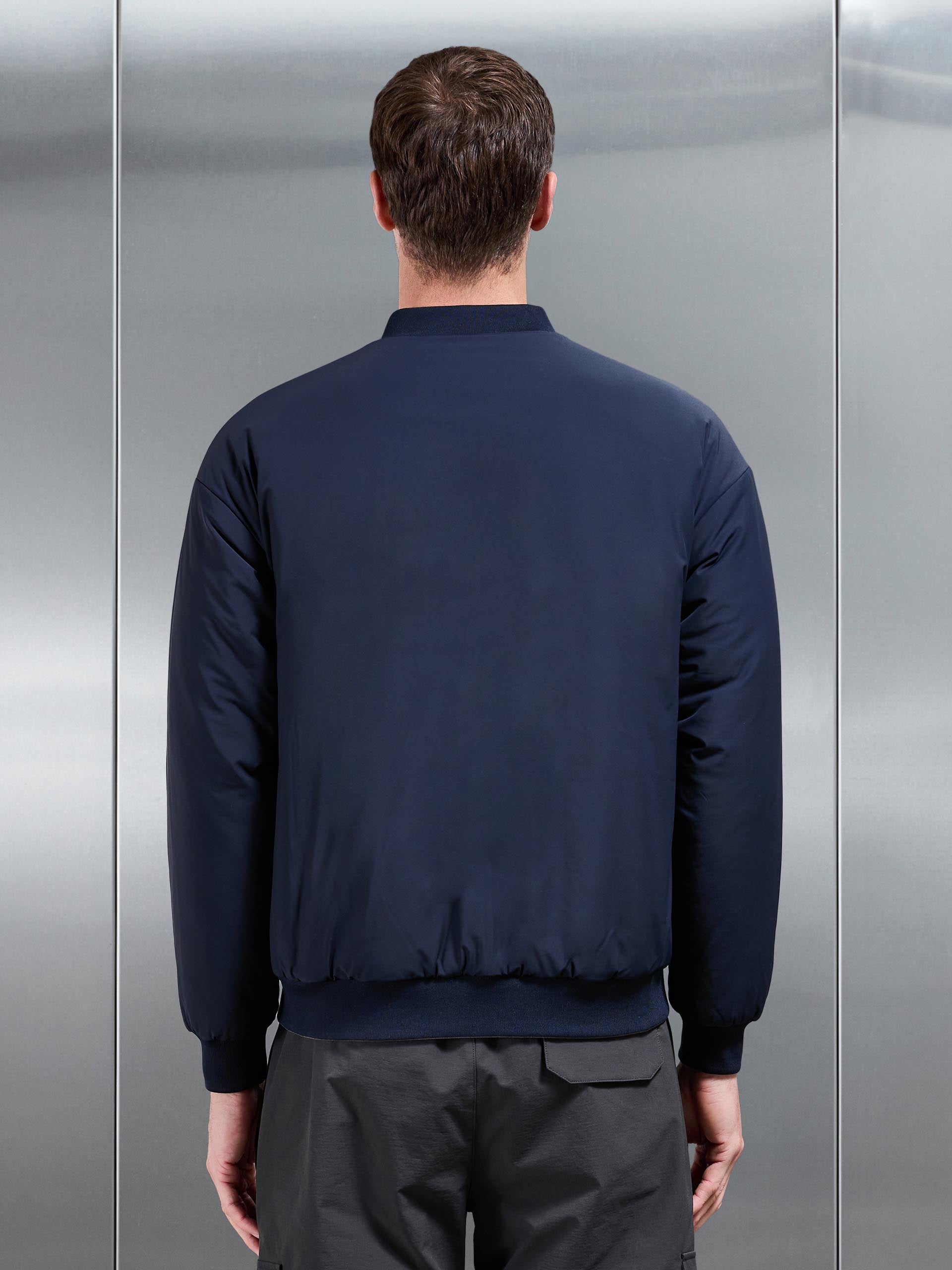 Relaxed Padded Reversible Bomber Jacket in Olive Navy