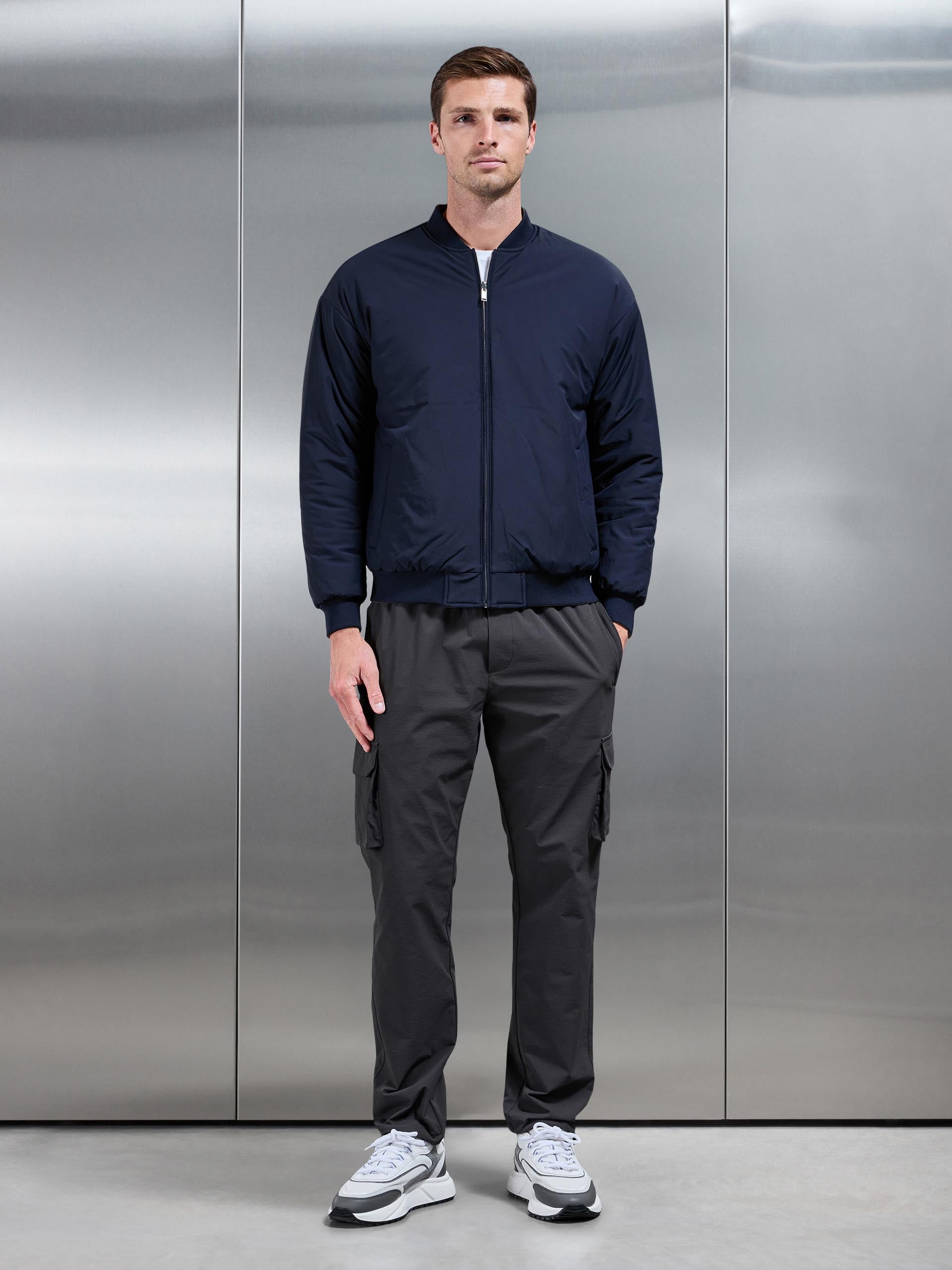 Relaxed Padded Reversible Bomber Jacket in Olive Navy