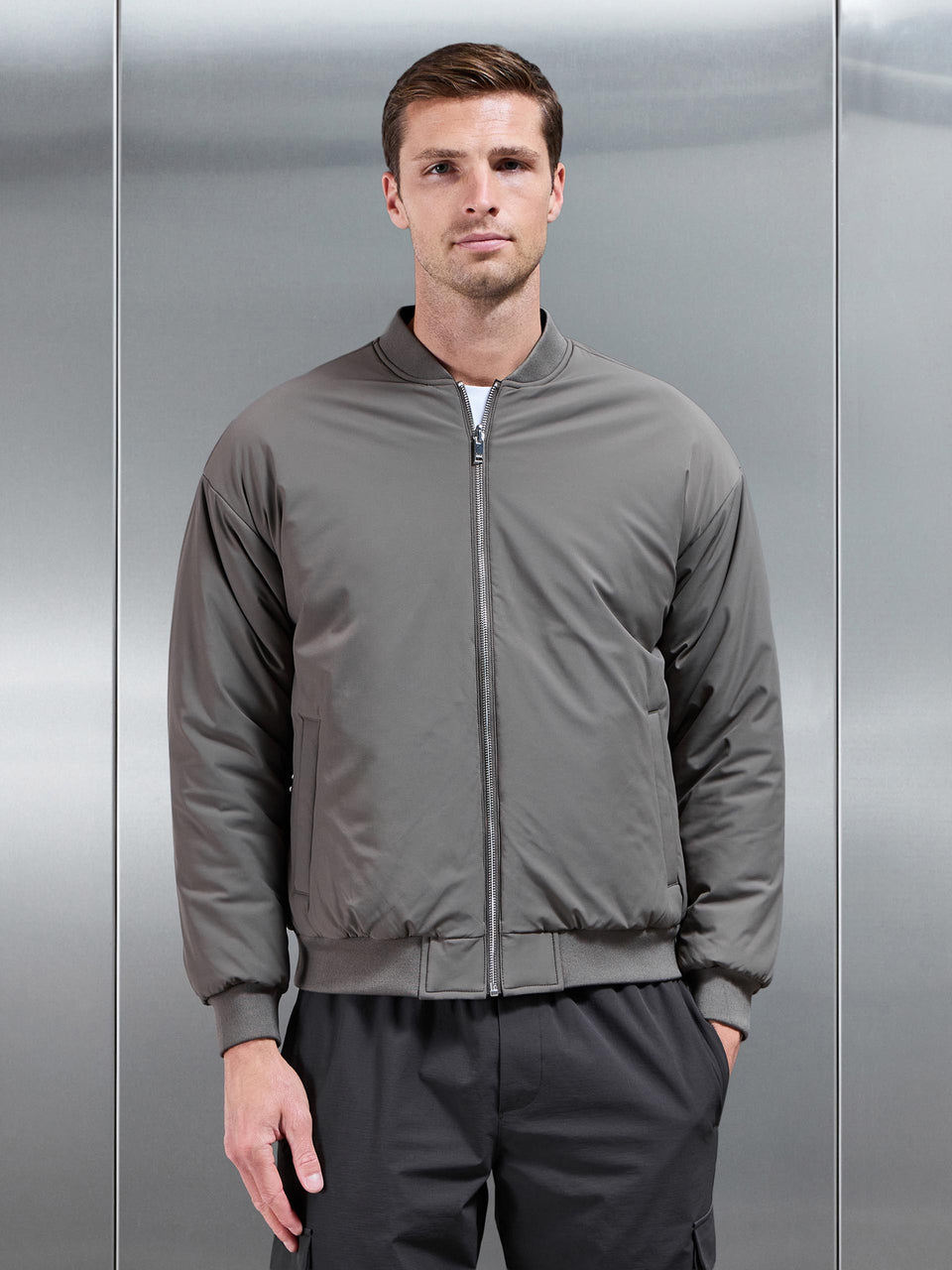 Relaxed Padded Reversible Bomber Jacket in Olive Navy