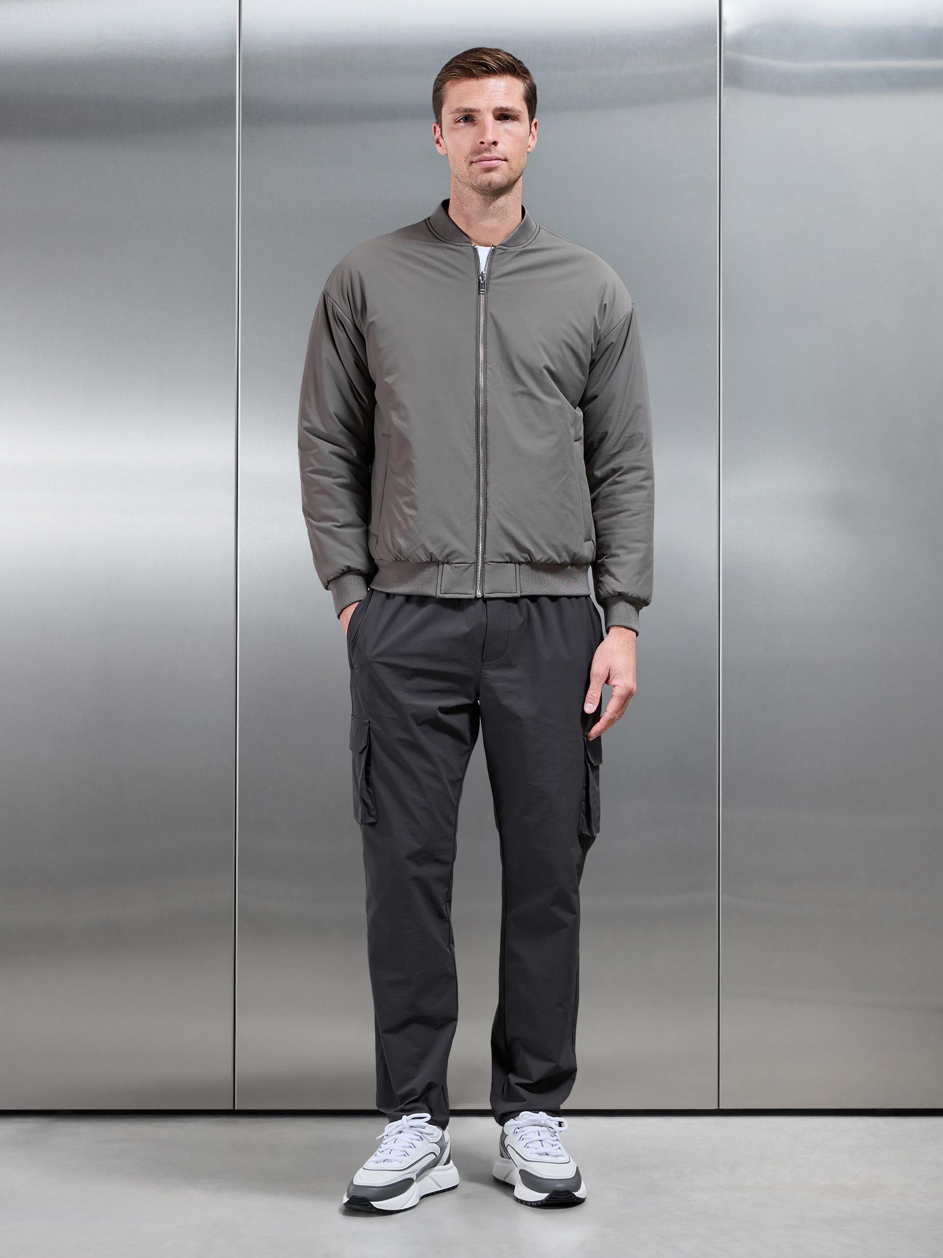 Relaxed Padded Reversible Bomber Jacket in Olive Navy
