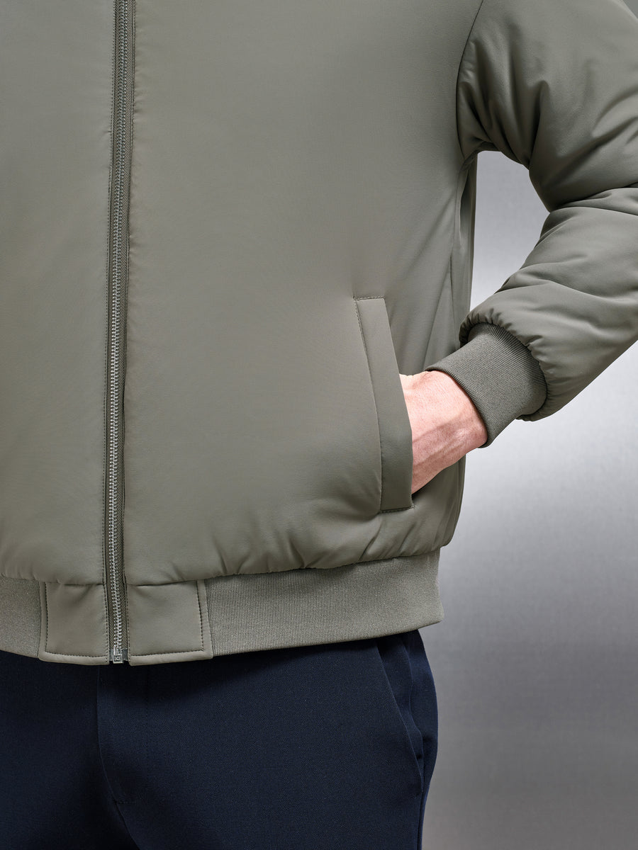 Relaxed Padded Reversible Bomber Jacket in Olive Navy