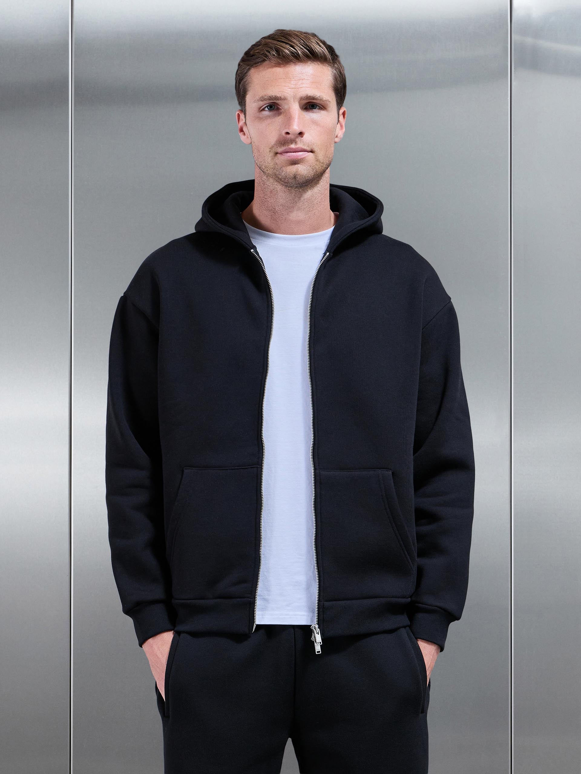 Relaxed Zip Through Hoodie in Black