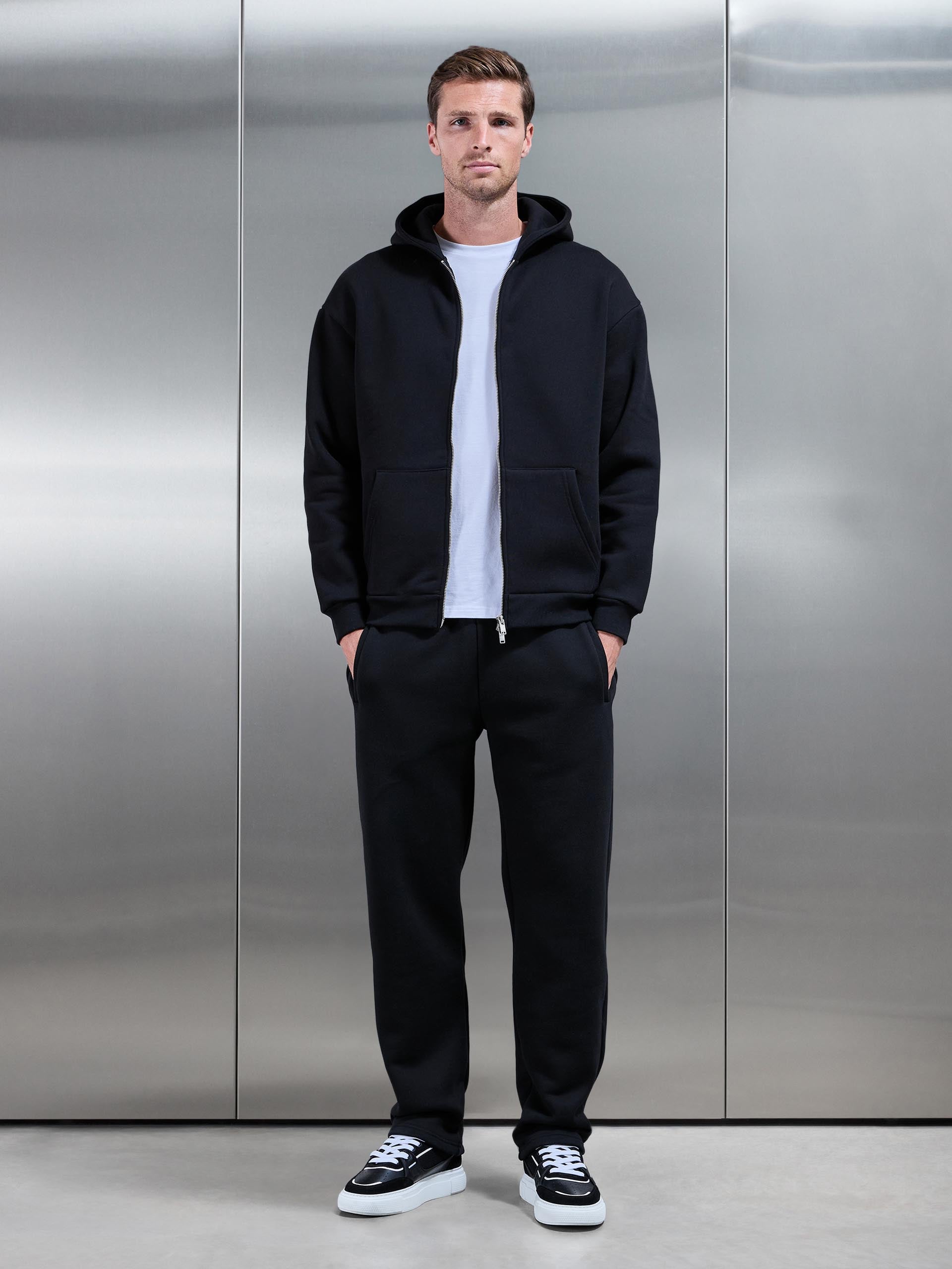 Relaxed Zip Through Hoodie in Black