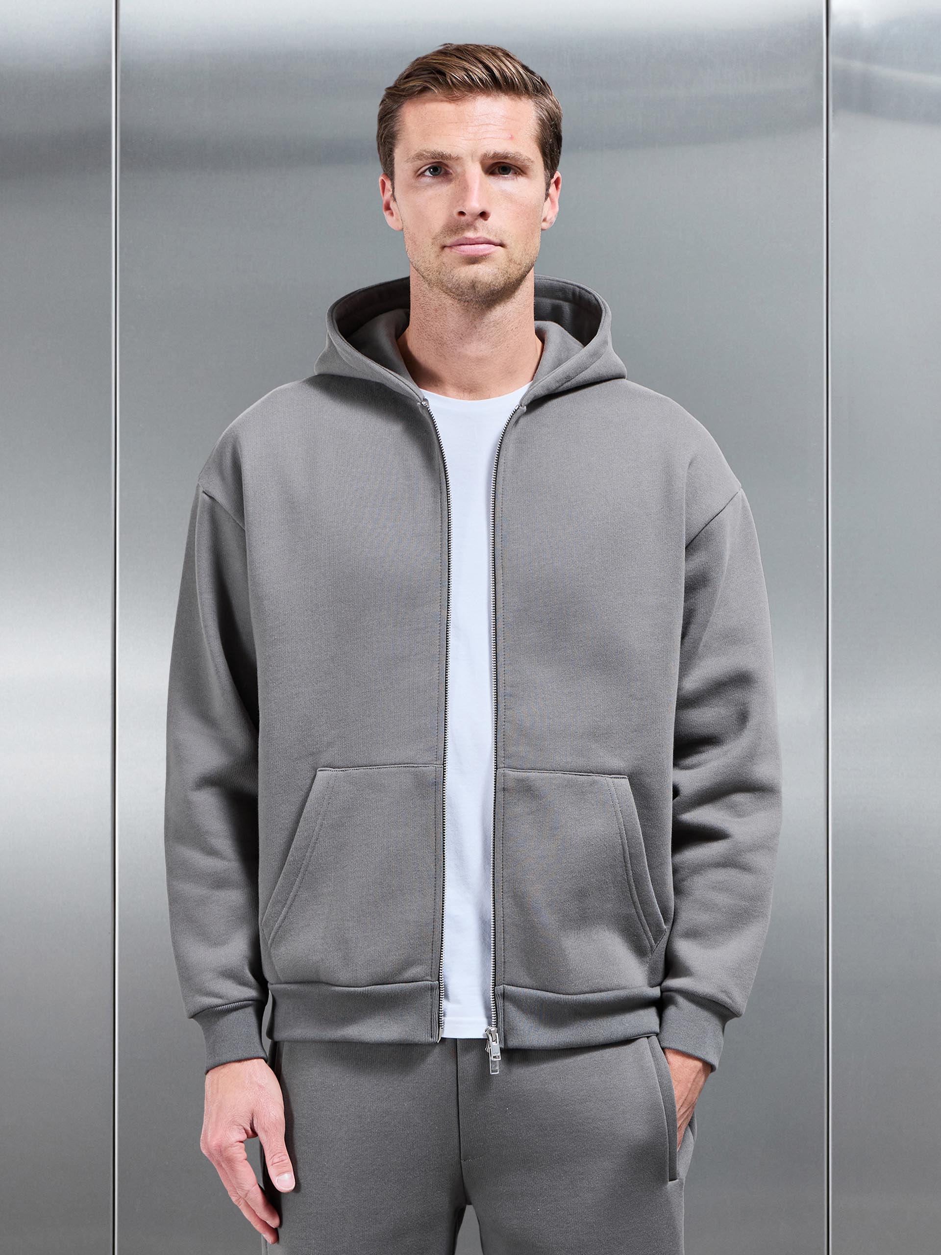Relaxed Zip Through Hoodie in Grey