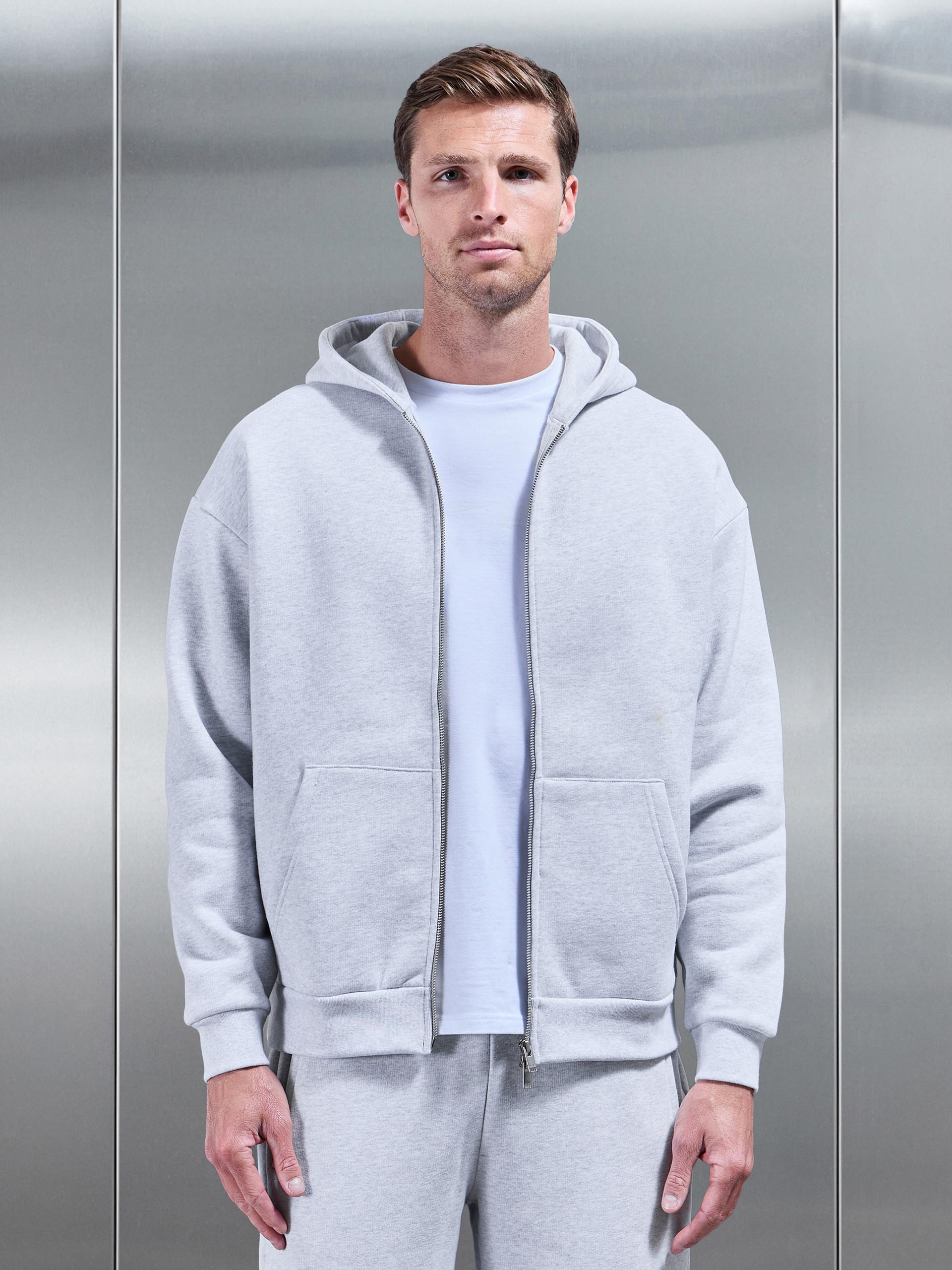 Relaxed Zip Through Hoodie in Marl Grey