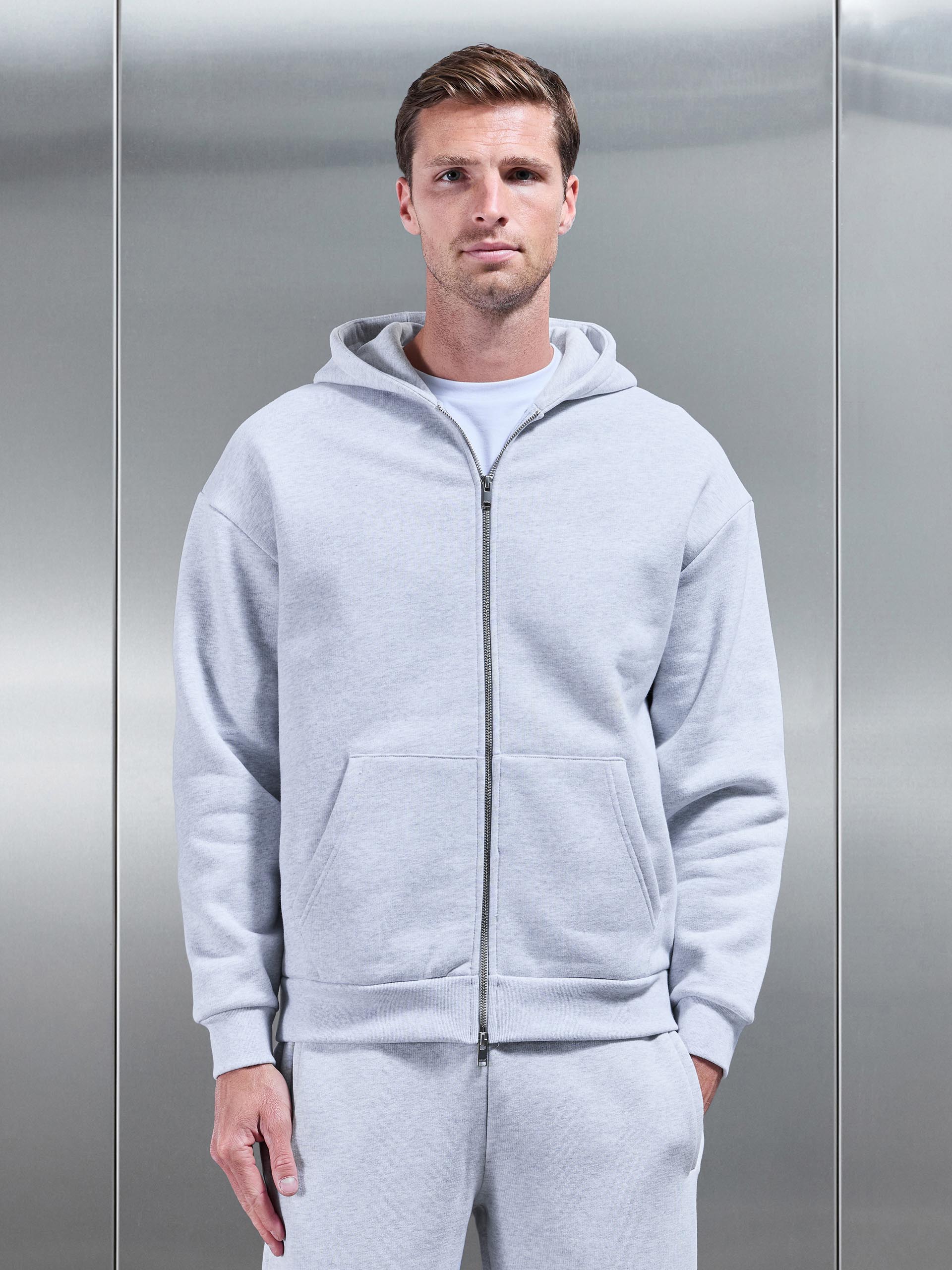 Relaxed Zip Through Hoodie in Marl Grey