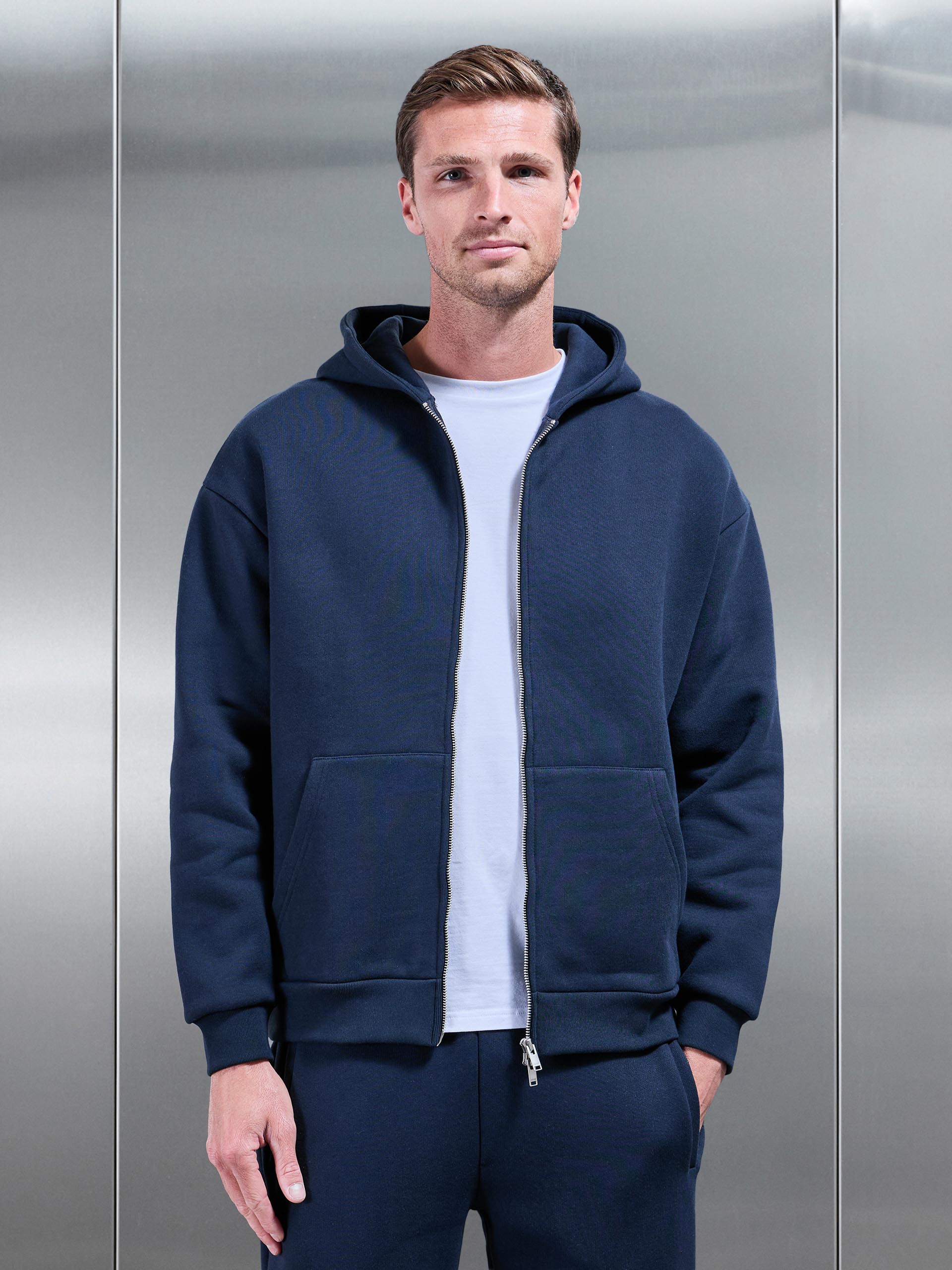 Relaxed Zip Through Hoodie in Navy