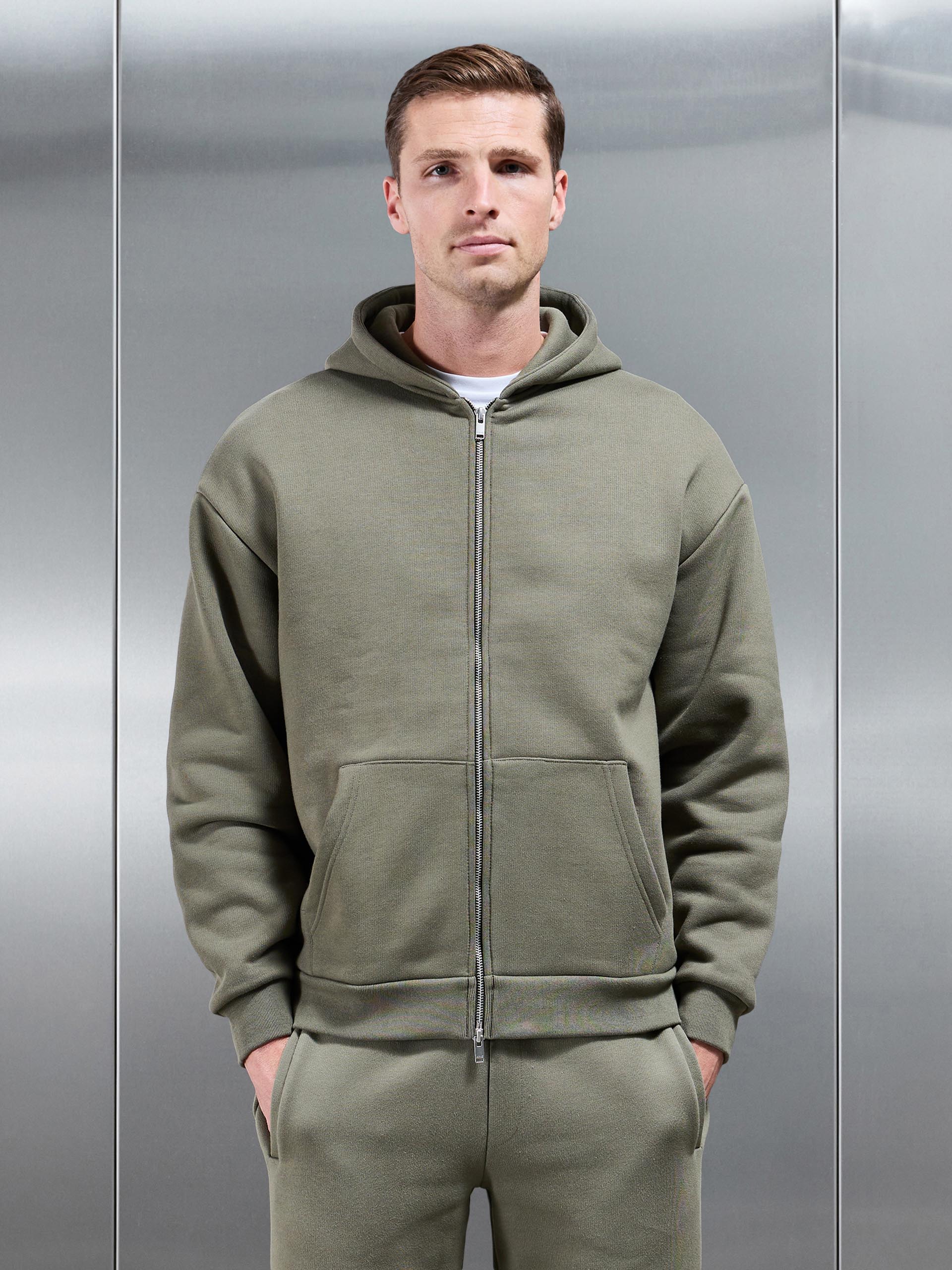 Relaxed Zip Through Hoodie in Olive