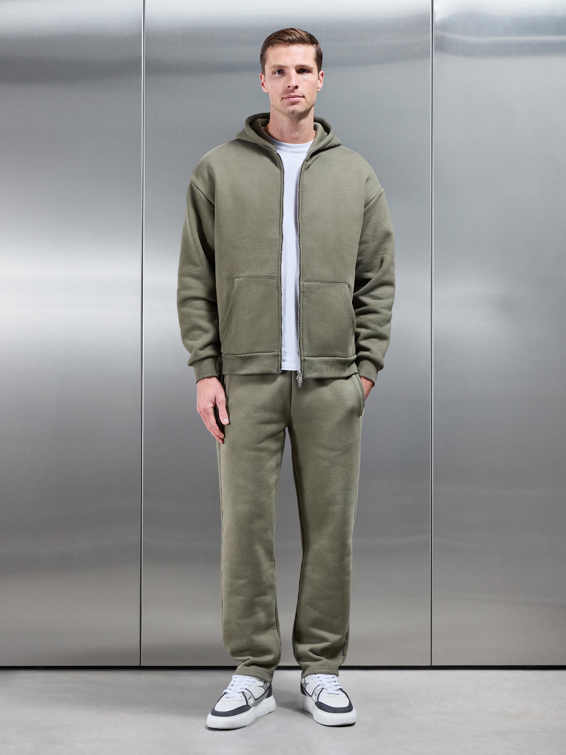 Relaxed Zip Through Hoodie in Olive