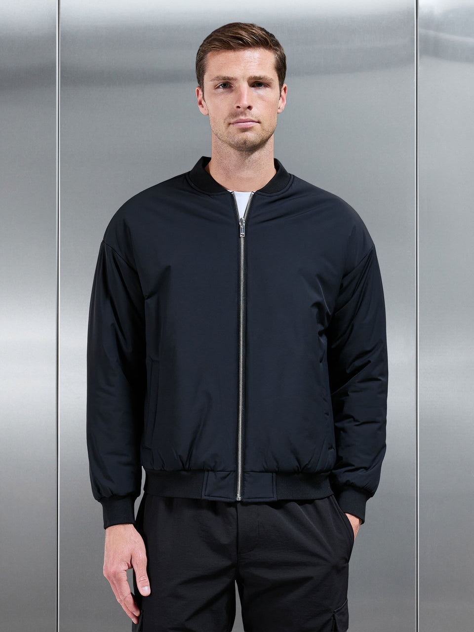 Relaxed Padded Reversible Bomber Jacket in Black Grey