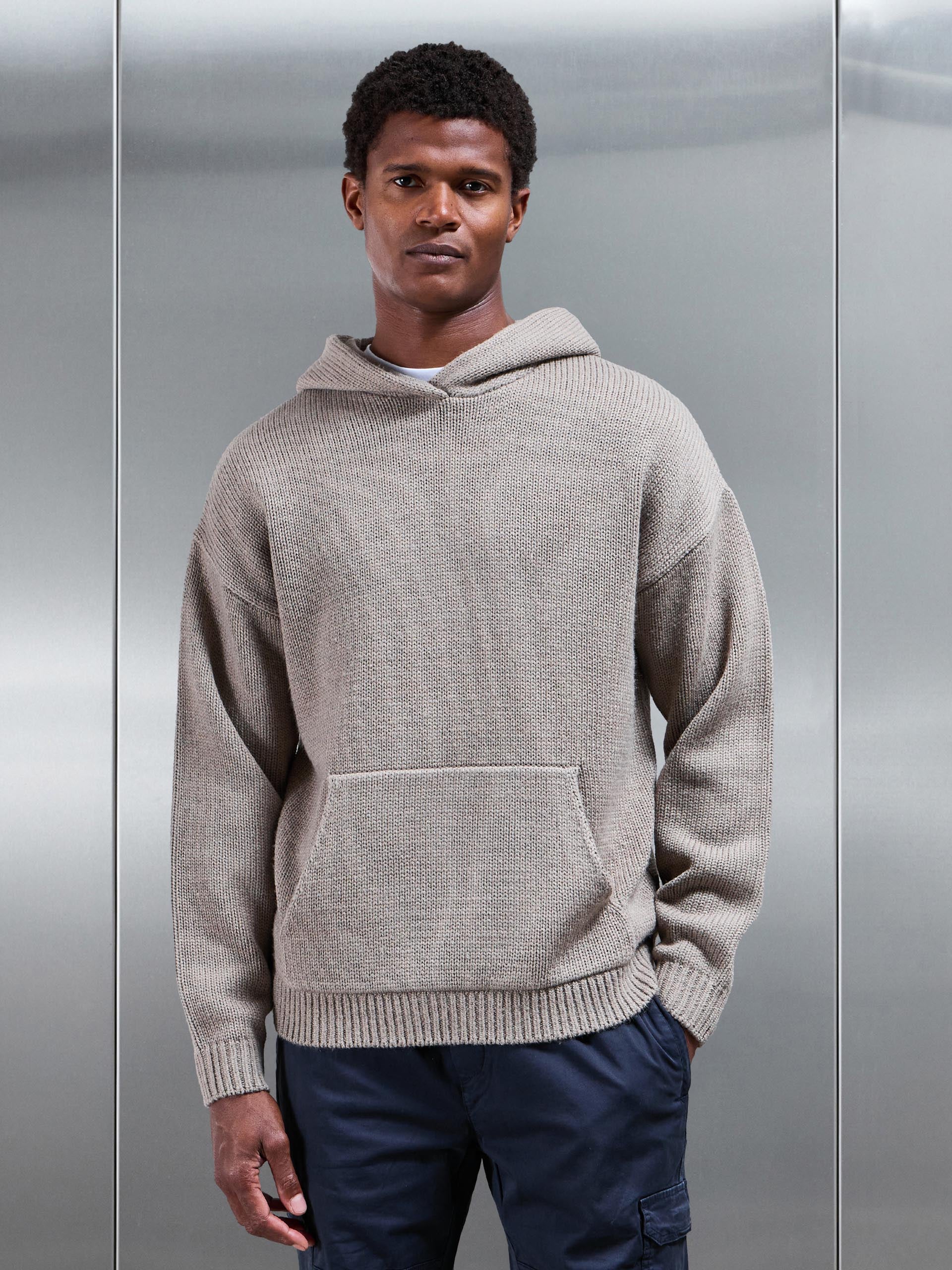 Relaxed Fit Chunky Knitted Hoodie in Beige Taupe