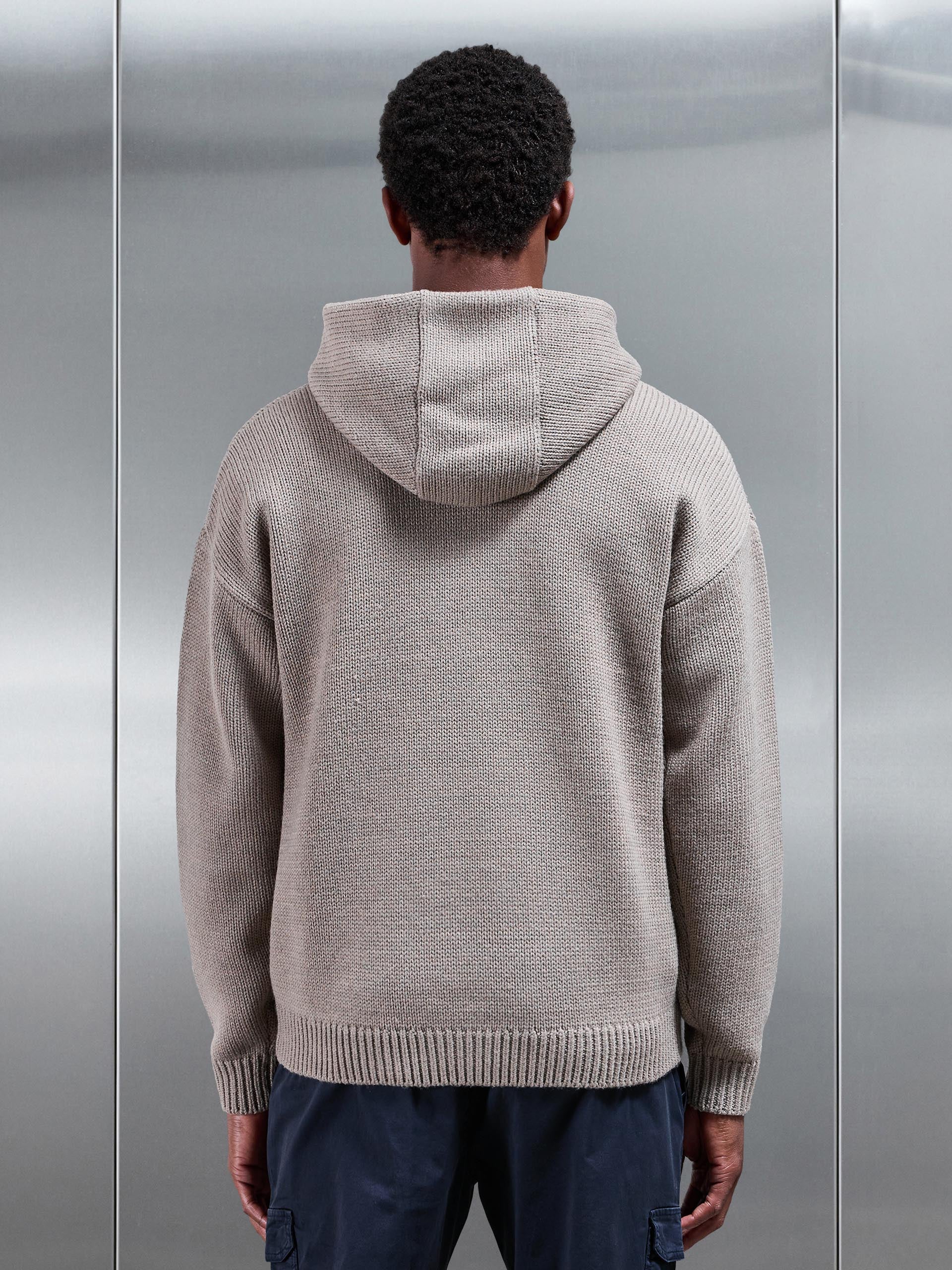 Relaxed Fit Chunky Knitted Hoodie in Beige Taupe