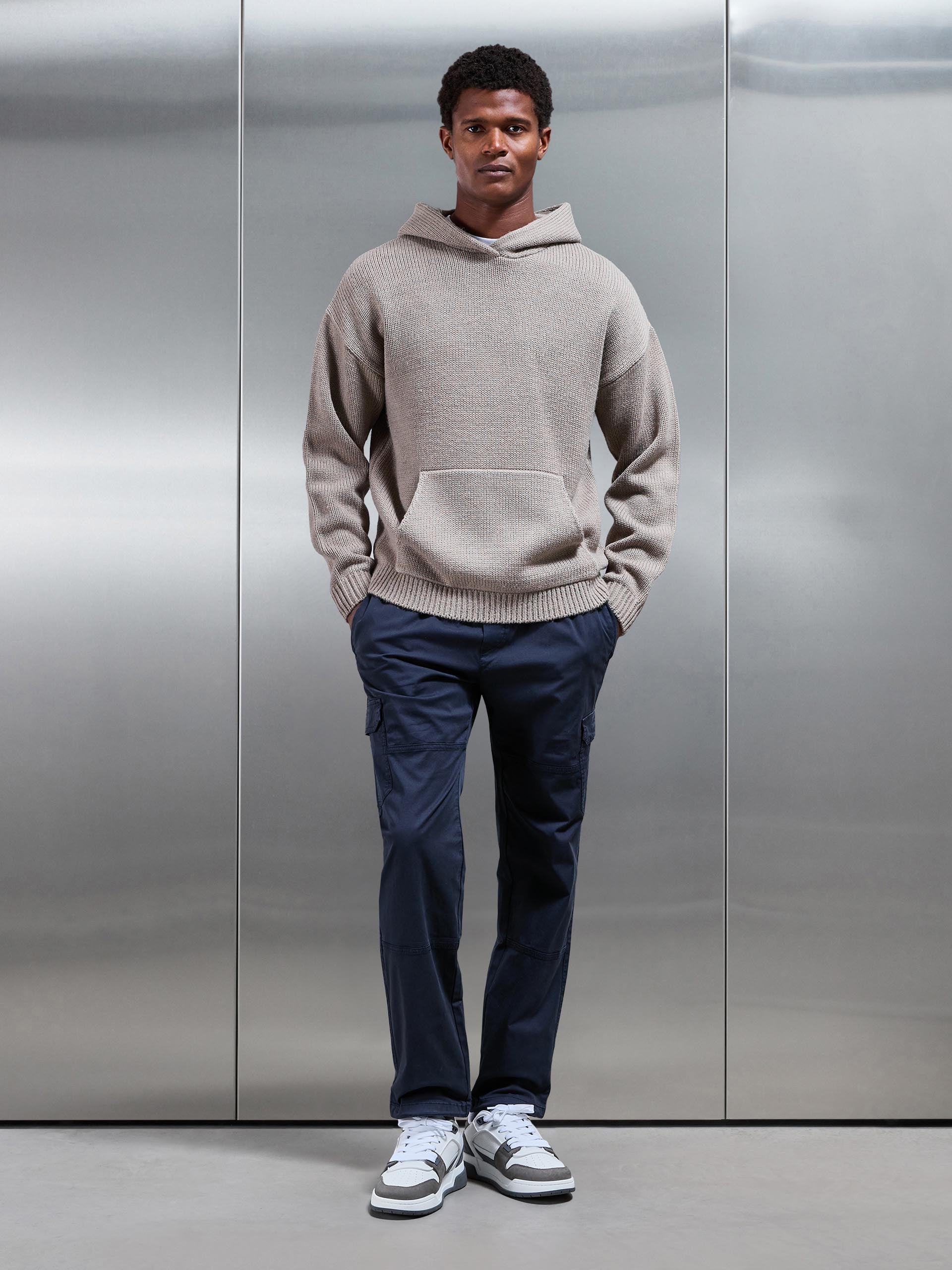 Relaxed Fit Chunky Knitted Hoodie in Beige Taupe