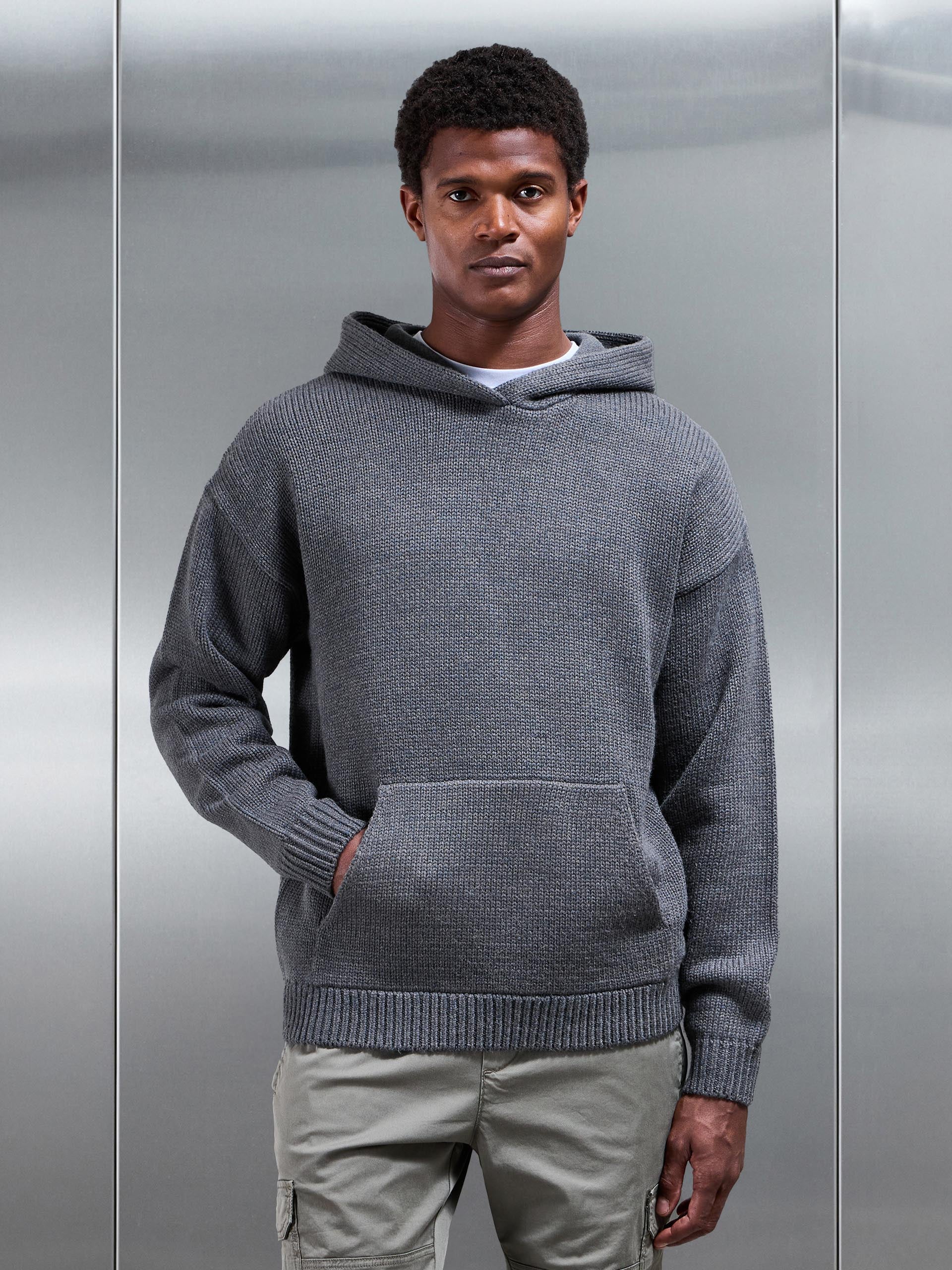 Relaxed Fit Chunky Knitted Hoodie in Grey