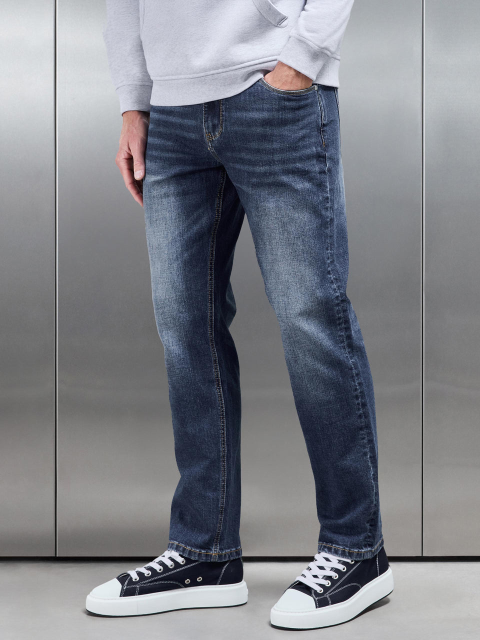 Straight Leg Denim Jeans in Mid Blue